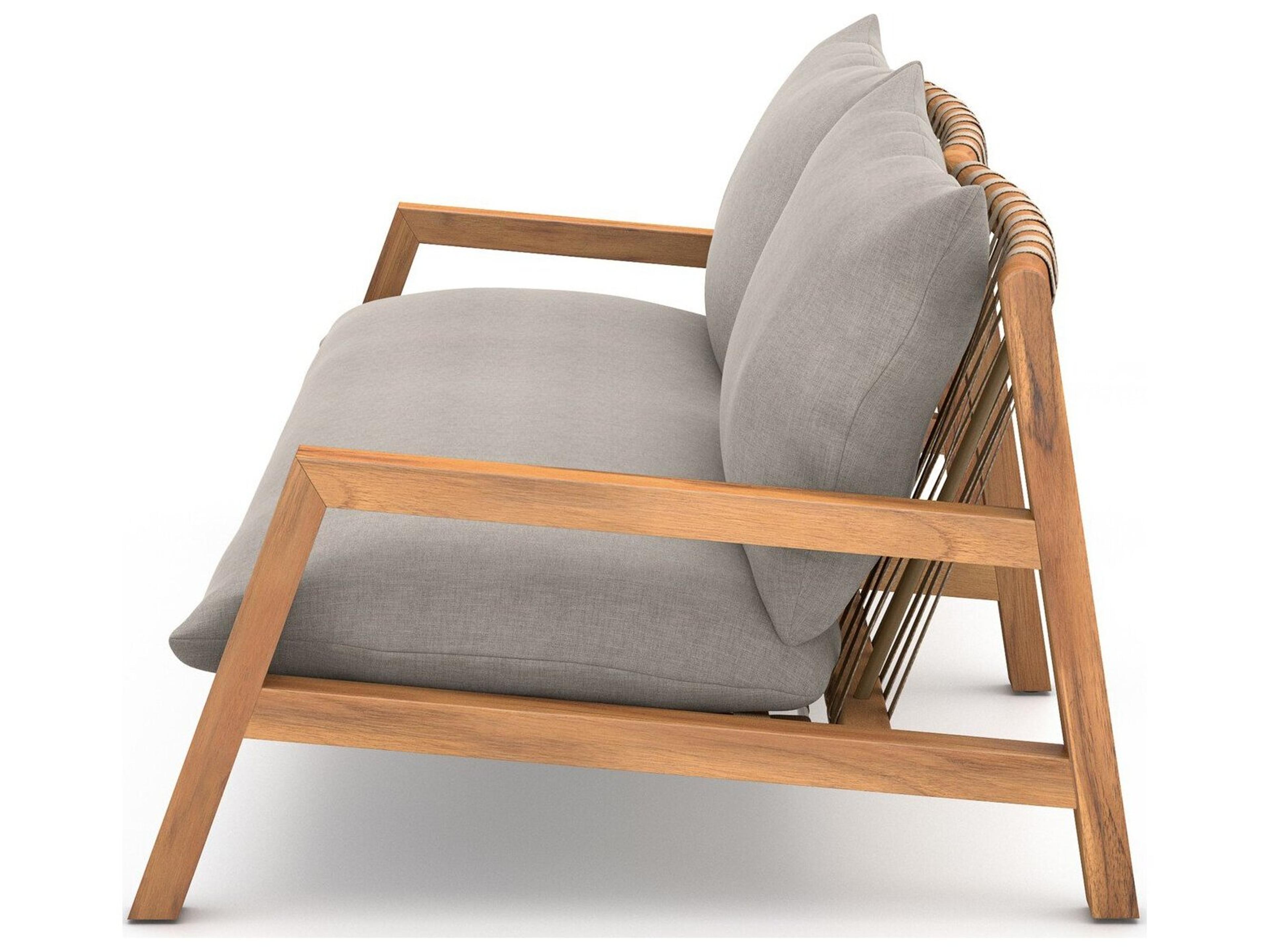 Four Hands Outdoor Solano Natural Teak / Ivory Strap Sofa with Stone Grey Cushion
