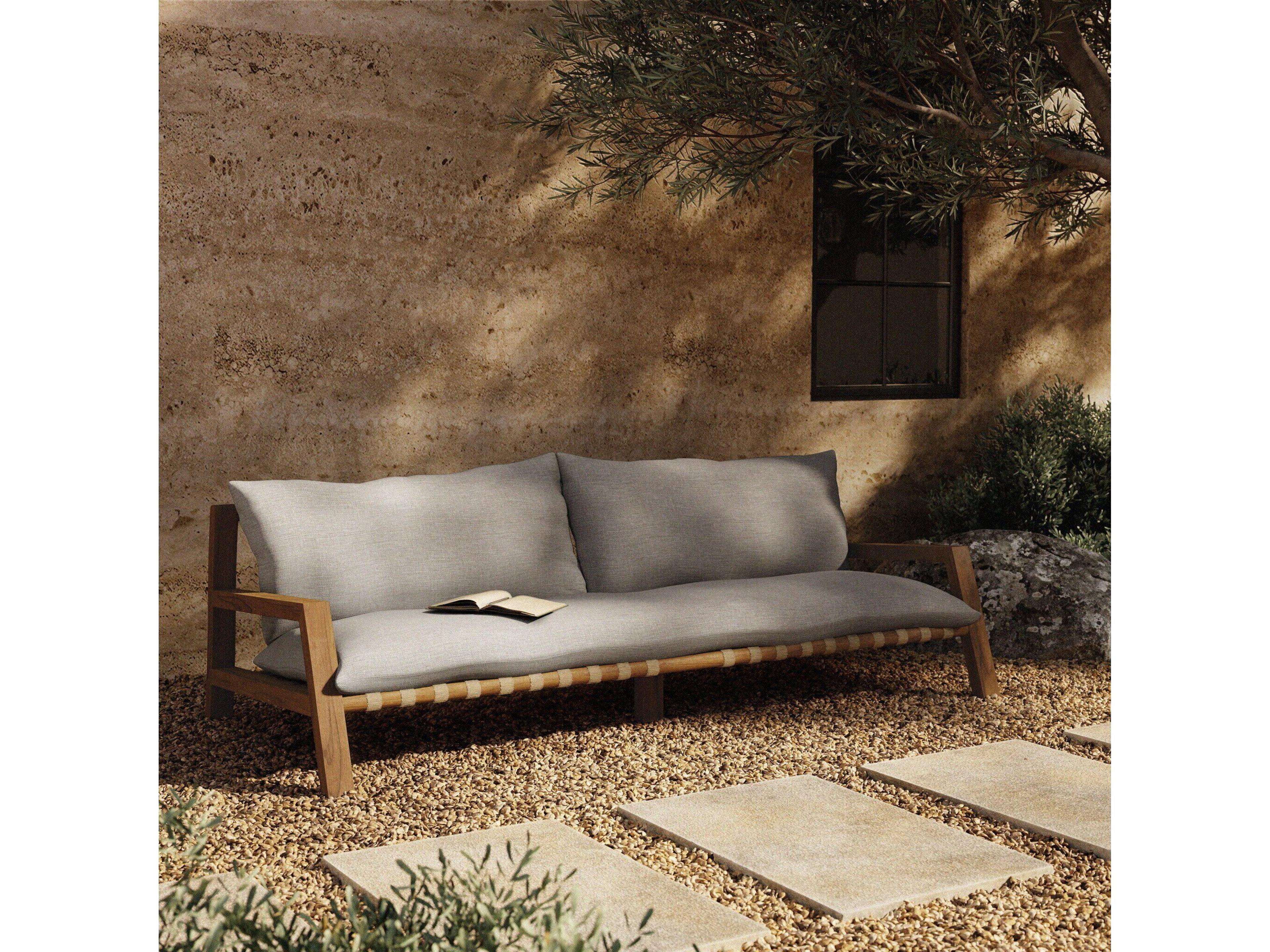 Four Hands Outdoor Solano Natural Teak / Ivory Strap Sofa with Stone Grey Cushion