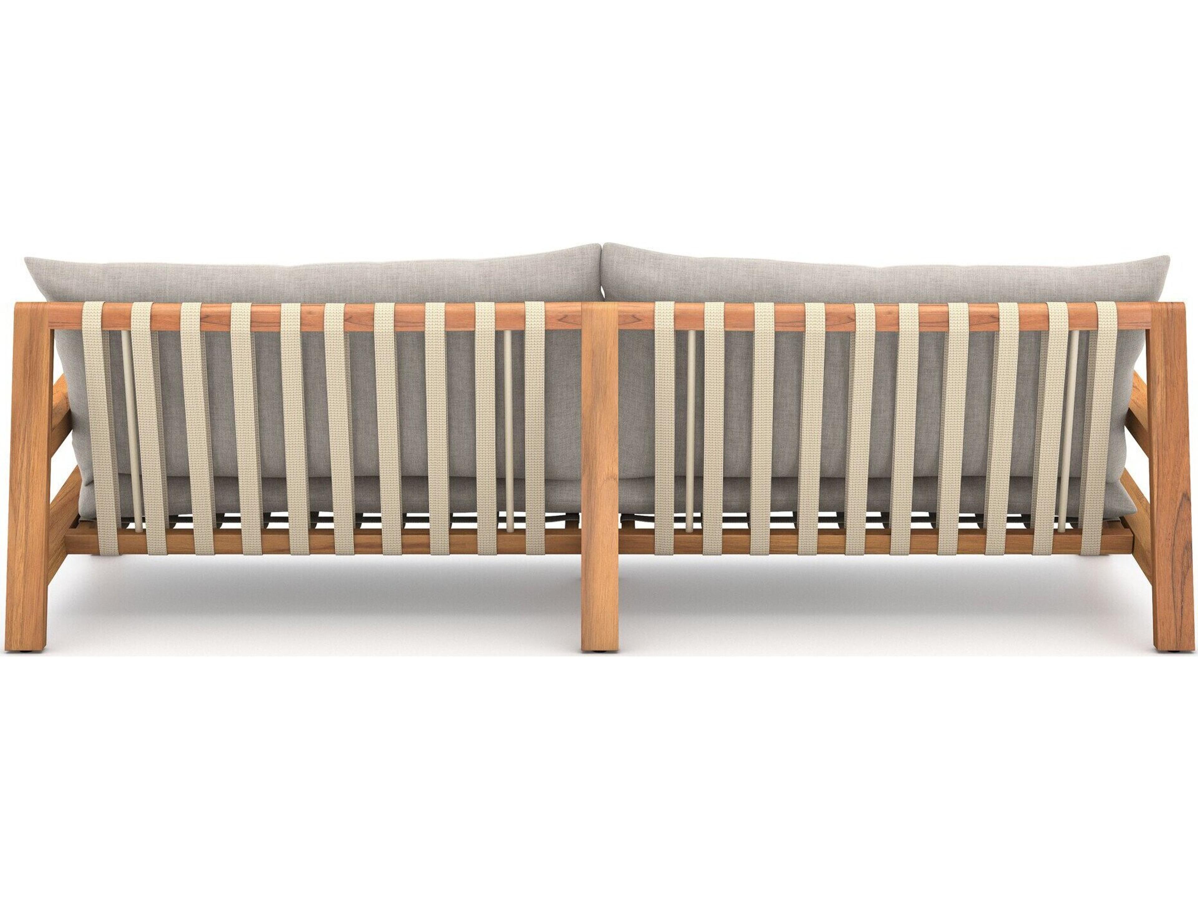 Four Hands Outdoor Solano Natural Teak / Ivory Strap Sofa with Stone Grey Cushion