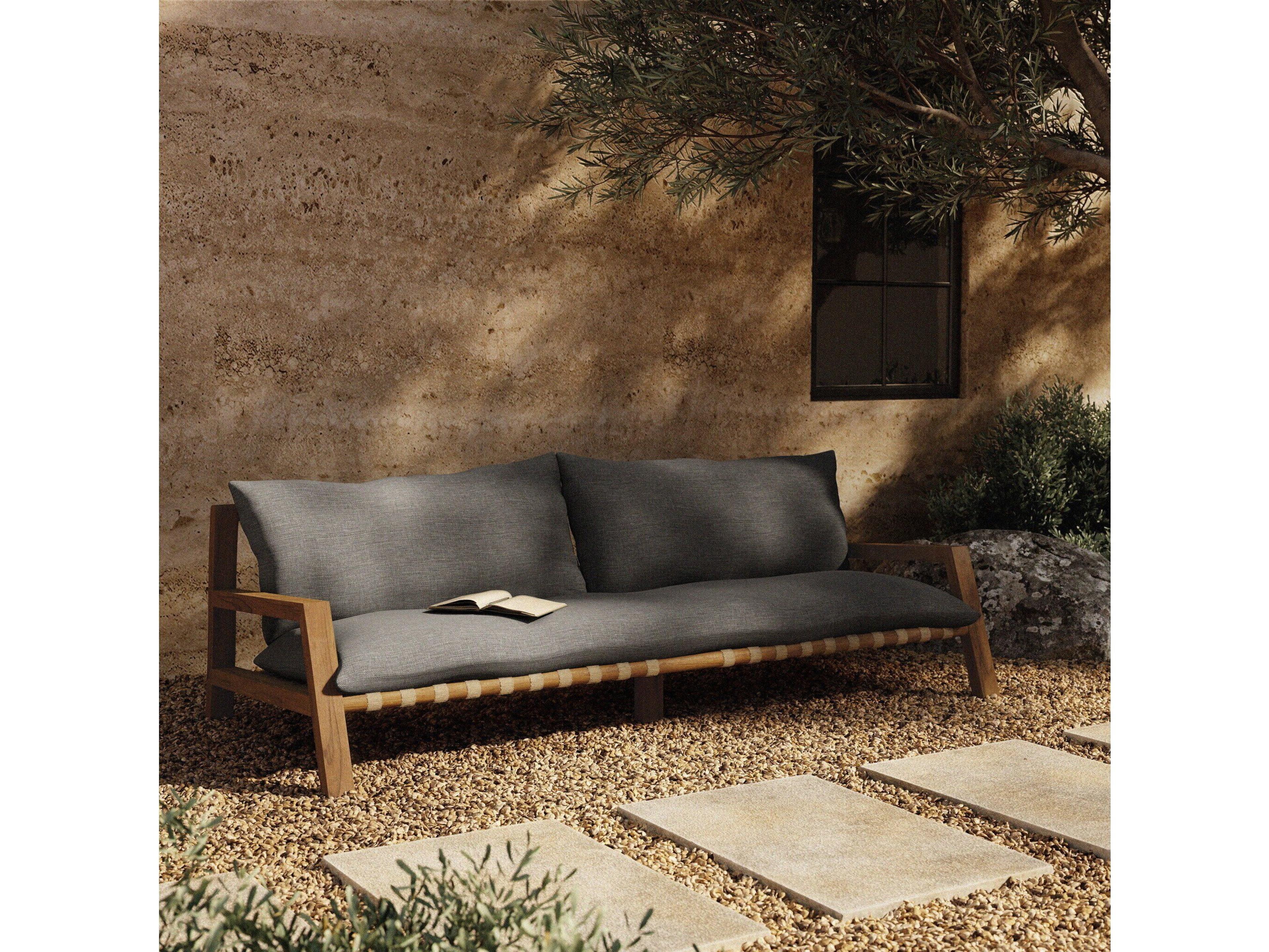 Four Hands Outdoor Solano Natural Teak / Ivory Strap Sofa with Charcoal Cushion