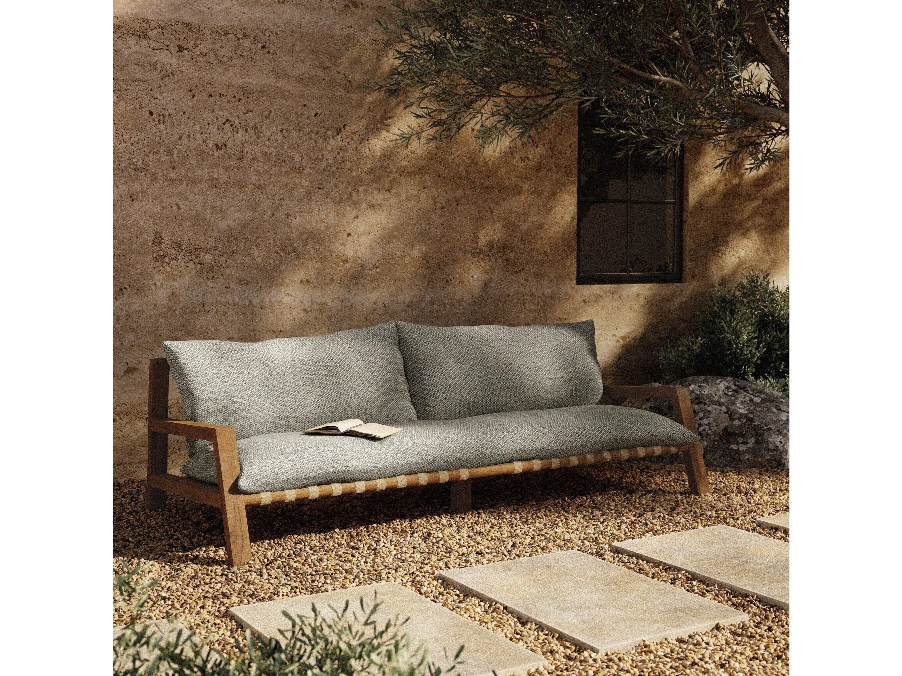 Four Hands Outdoor Solano Natural Teak / Ivory Strap Sofa with Faye Ash Cushion