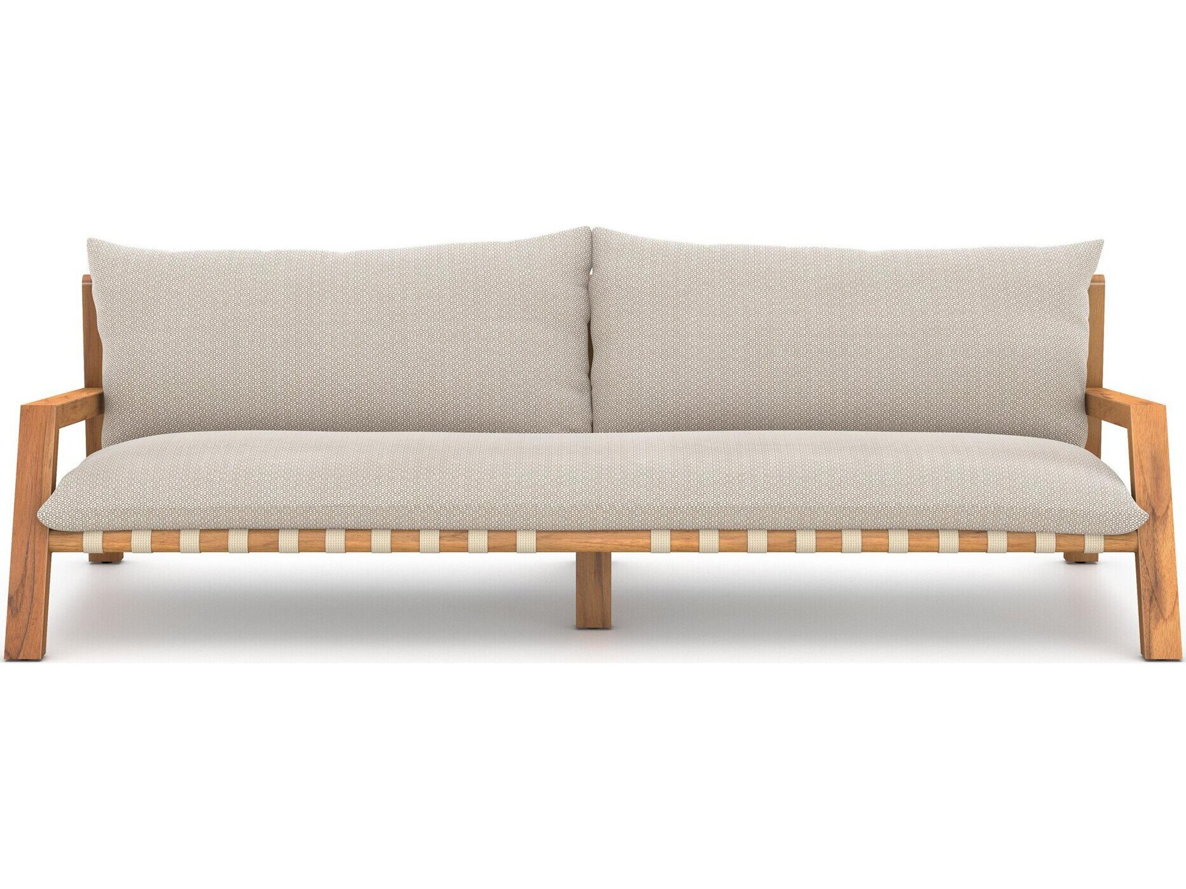 Four Hands Outdoor Solano Natural Teak / Ivory Strap Sofa with Faye Sand Cushion