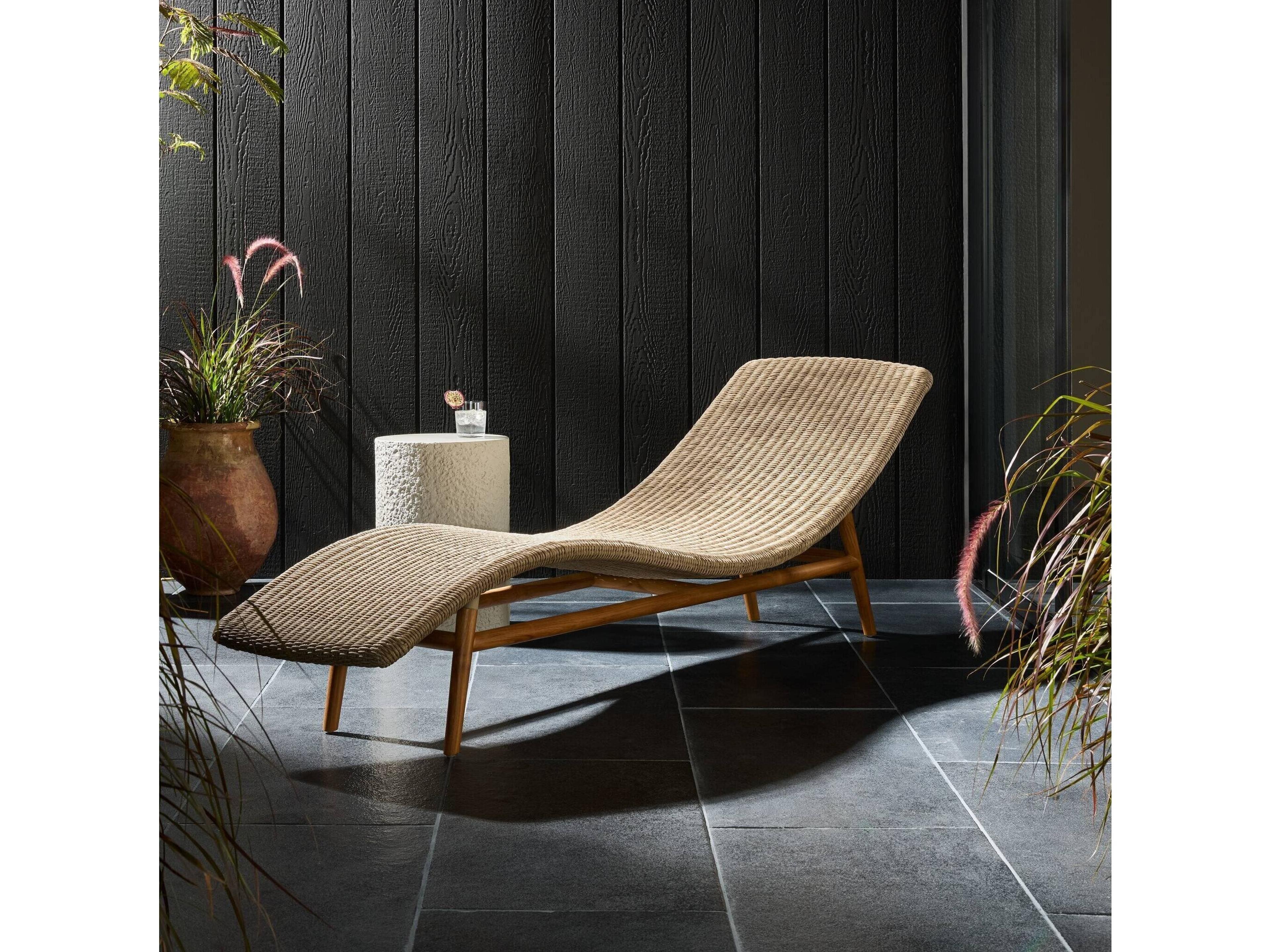 Four Hands Outdoor Grass Roots Vintage White Polypropylene / Natural Teak Chaise Lounge