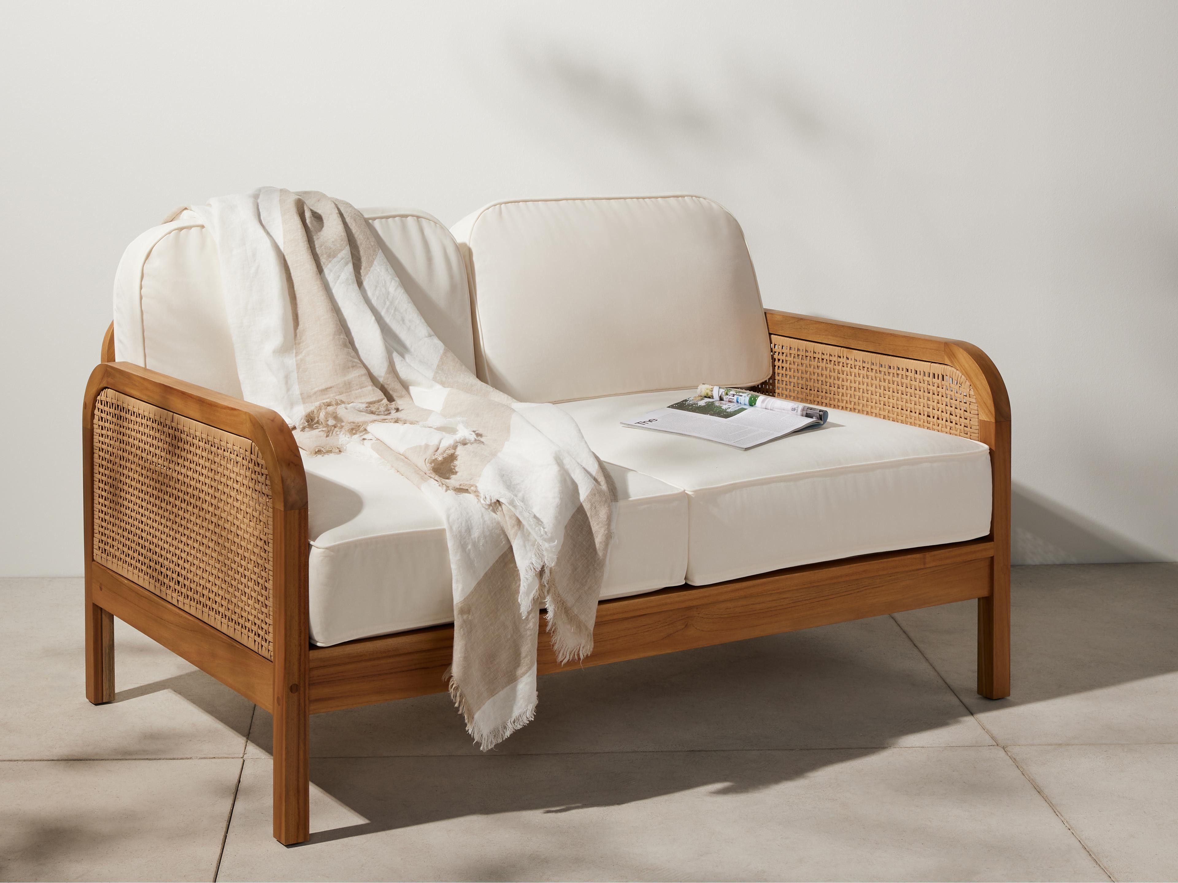 Luxecor Globetrotter Outdoor Natural Teak / Faux Rattan Loveseat with Ivory Cushion