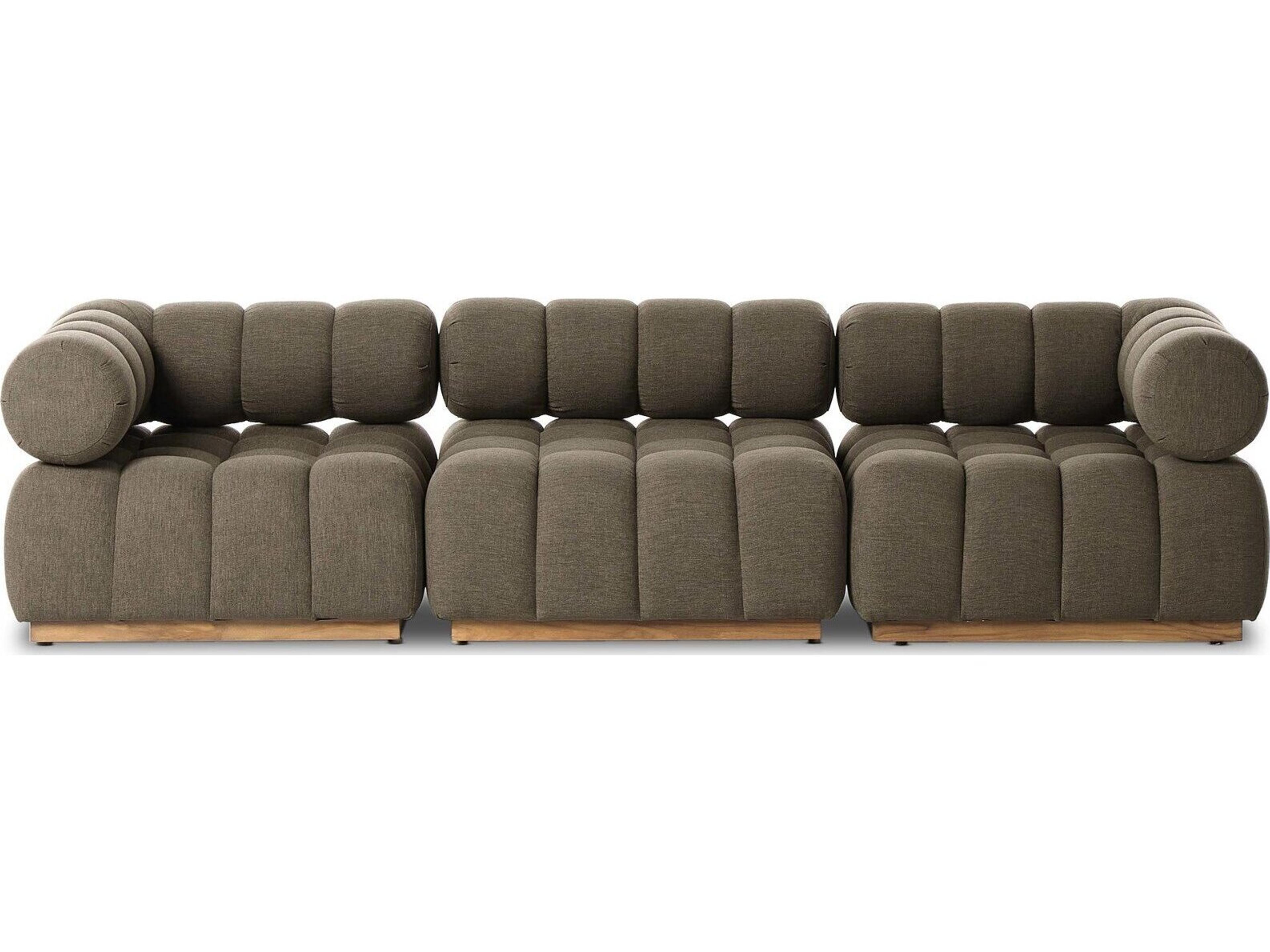 Four Hands Outdoor Solano Natural Teak Three-Piece Sectional Sofa with Alessi Fawn Cushion