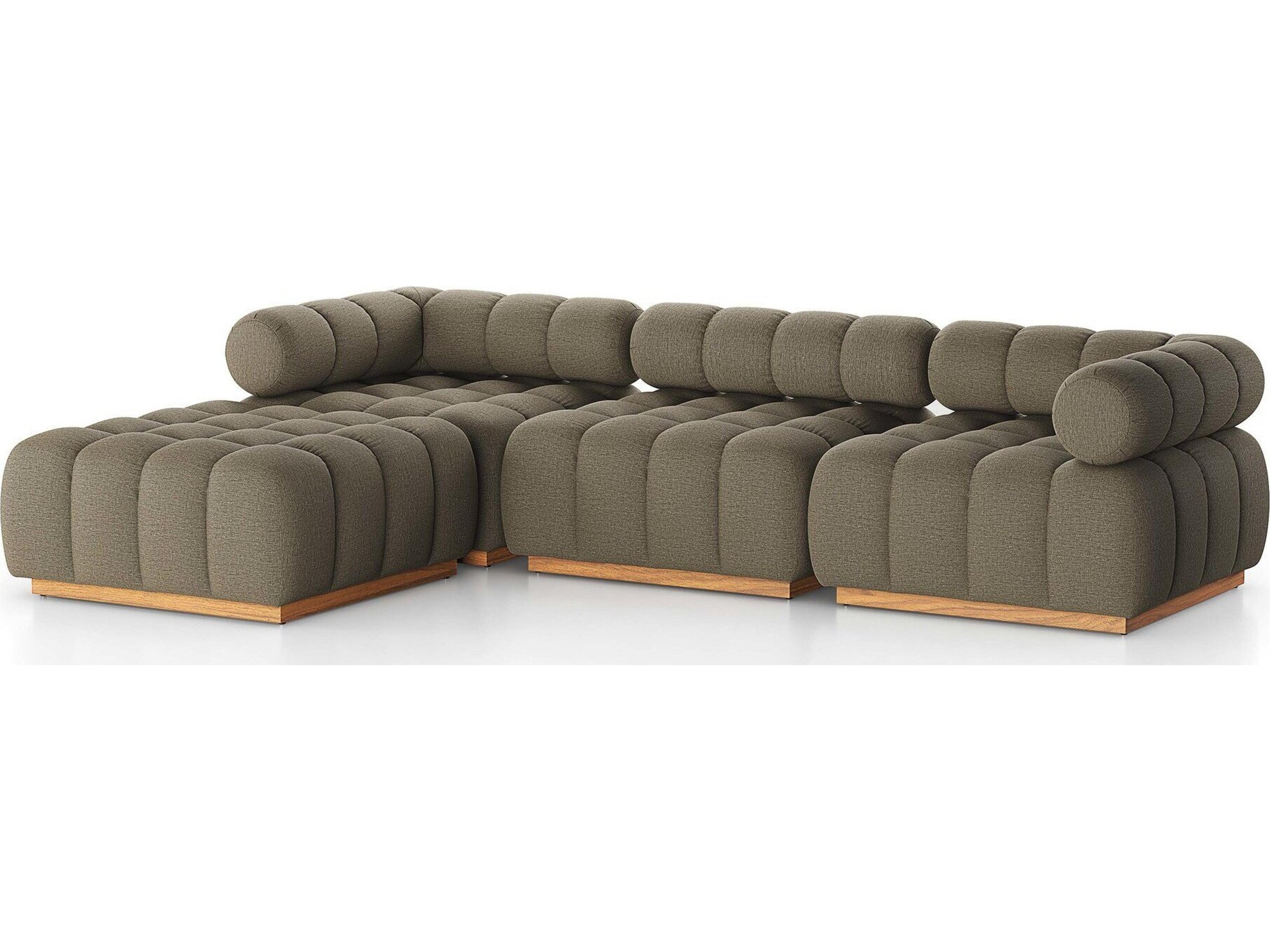 Solano Natural Teak Four-Piece Sectional Sofa with Alessi Fawn Cushion and Ottoman