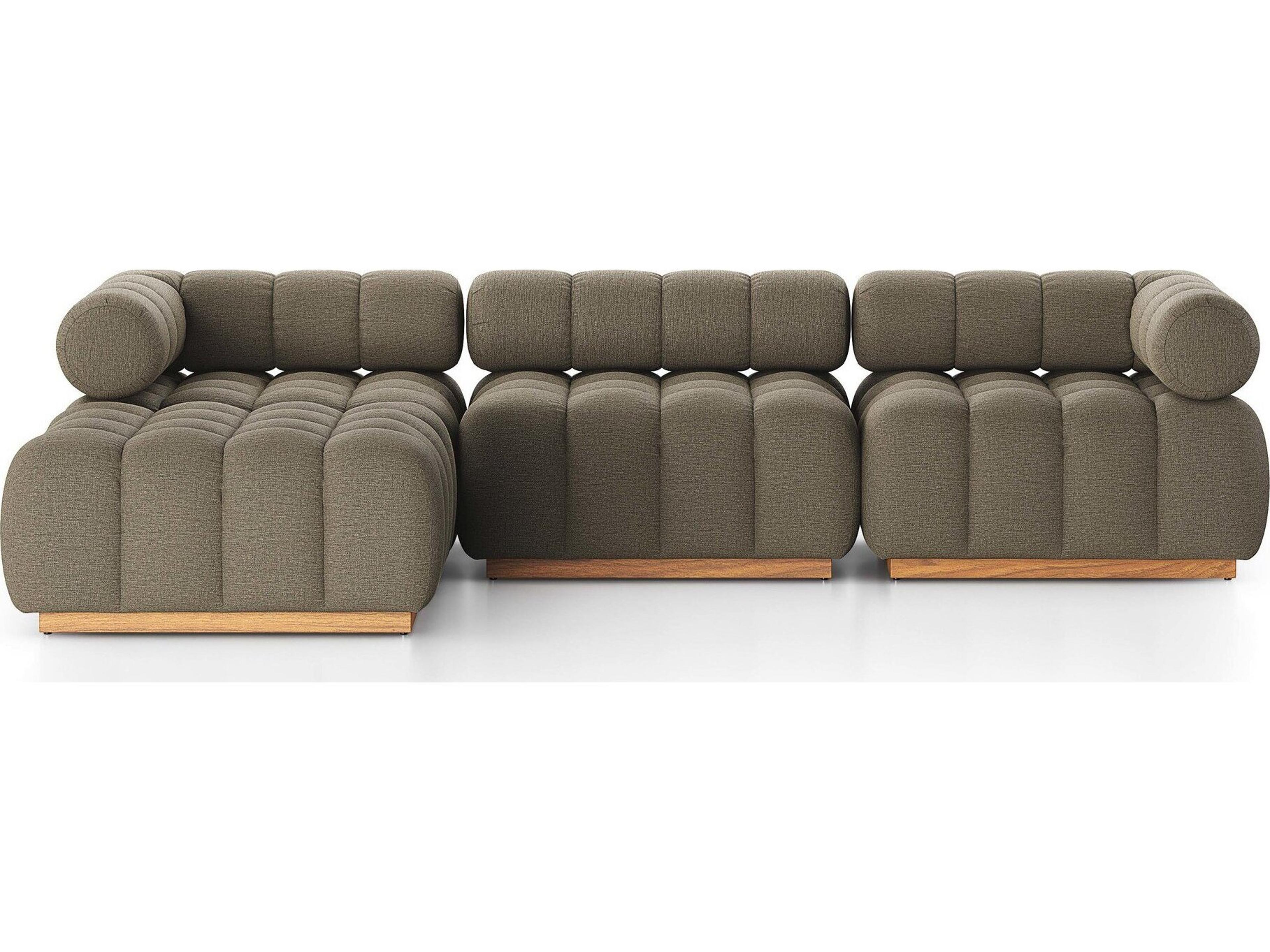 Four Hands Outdoor Solano Natural Teak Four-Piece Sectional Sofa with Alessi Fawn Cushion and Ottoman