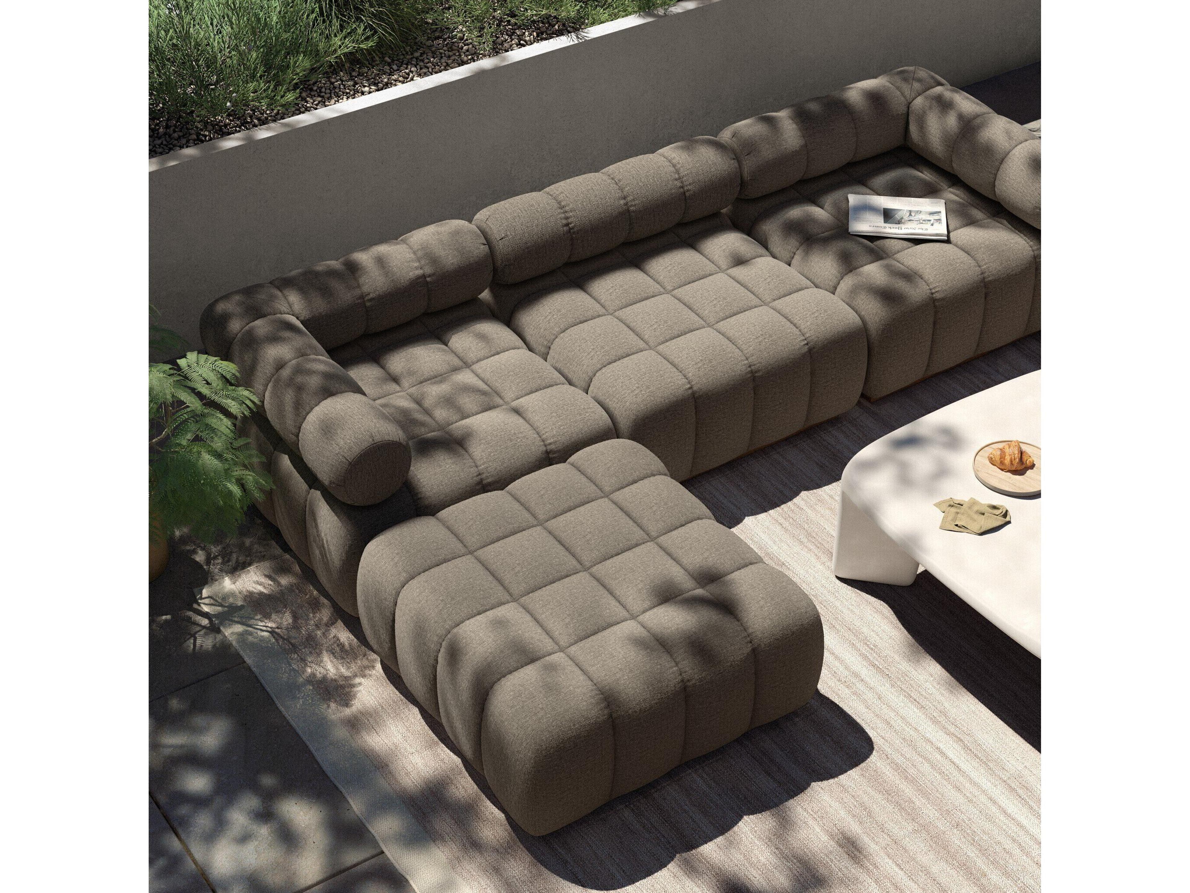 Four Hands Outdoor Solano Natural Teak Four-Piece Sectional Sofa with Alessi Fawn Cushion and Ottoman