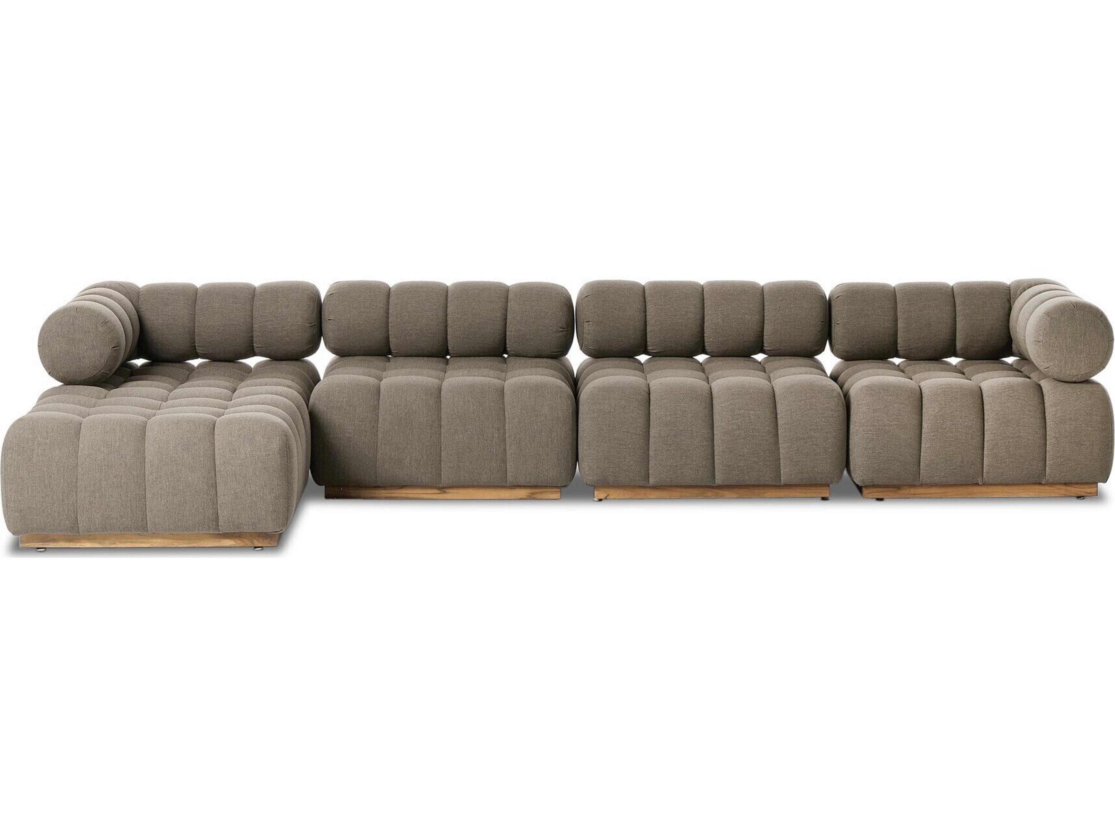 Four Hands Outdoor Solano Natural Teak Five-Piece Sectional Sofa with Alessi Fawn Cushion and Ottoman