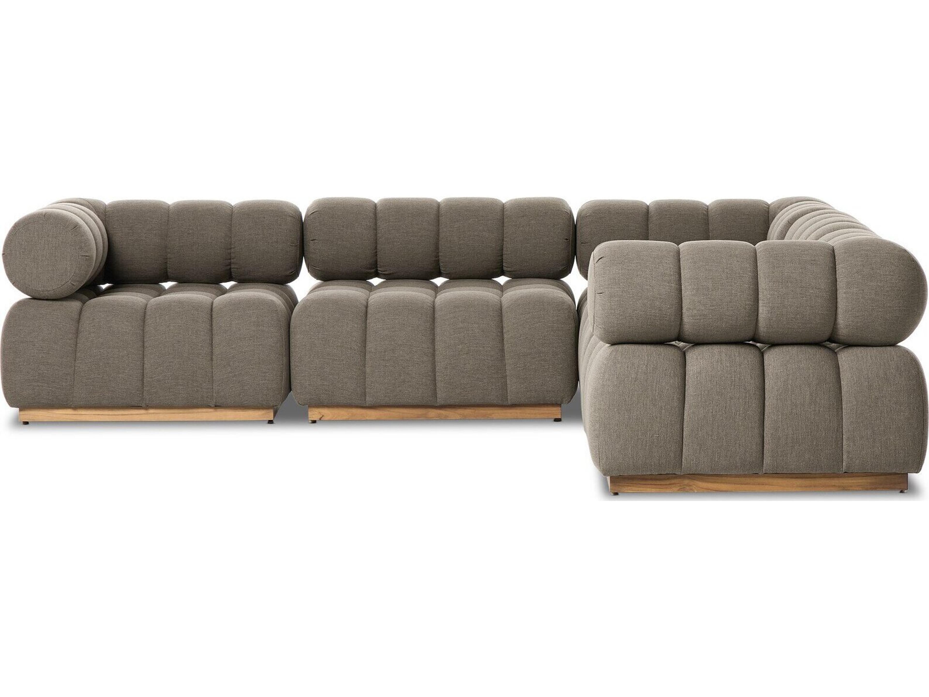 Four Hands Outdoor Solano Natural Teak Five-Piece Sectional Sofa with Alessi Fawn Cushion