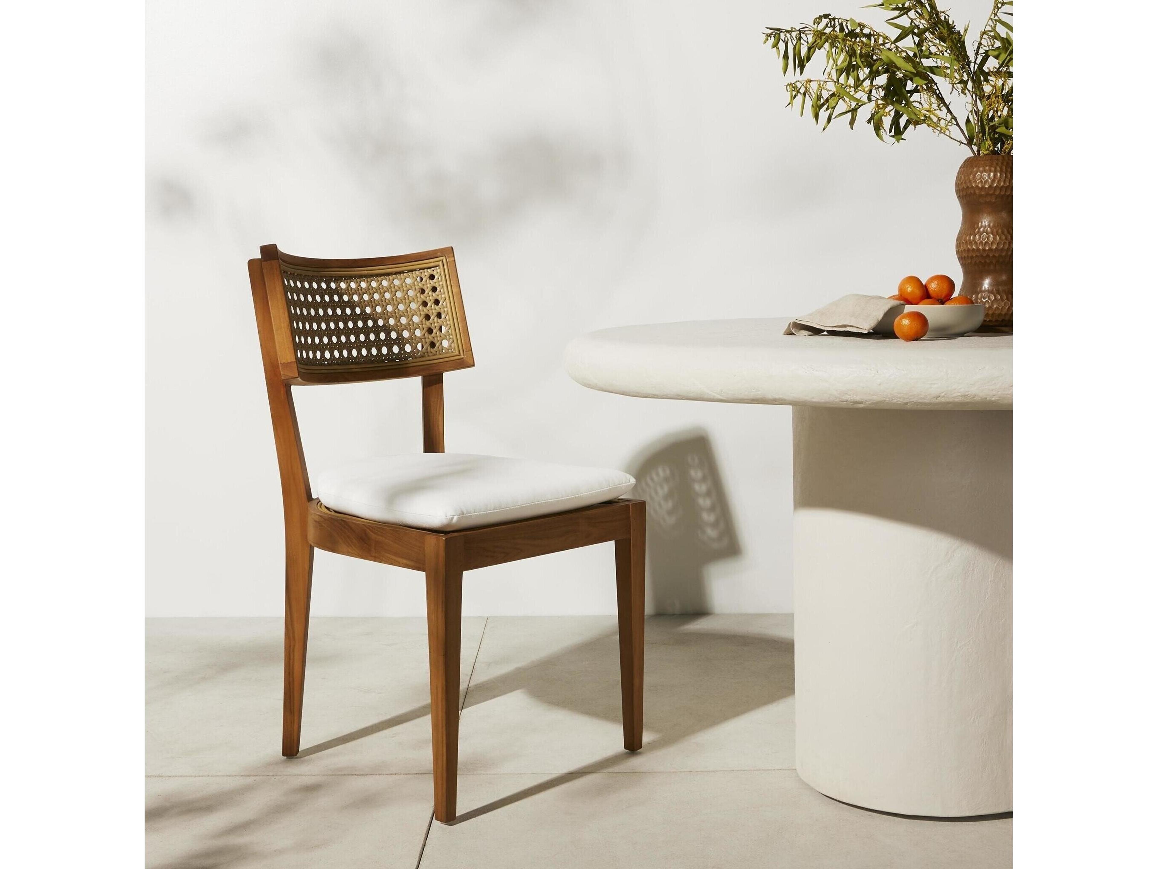 Four Hands Outdoor Grass Roots Natural Teak / Faux Rattan Dining Chair with Stinson White Cushion