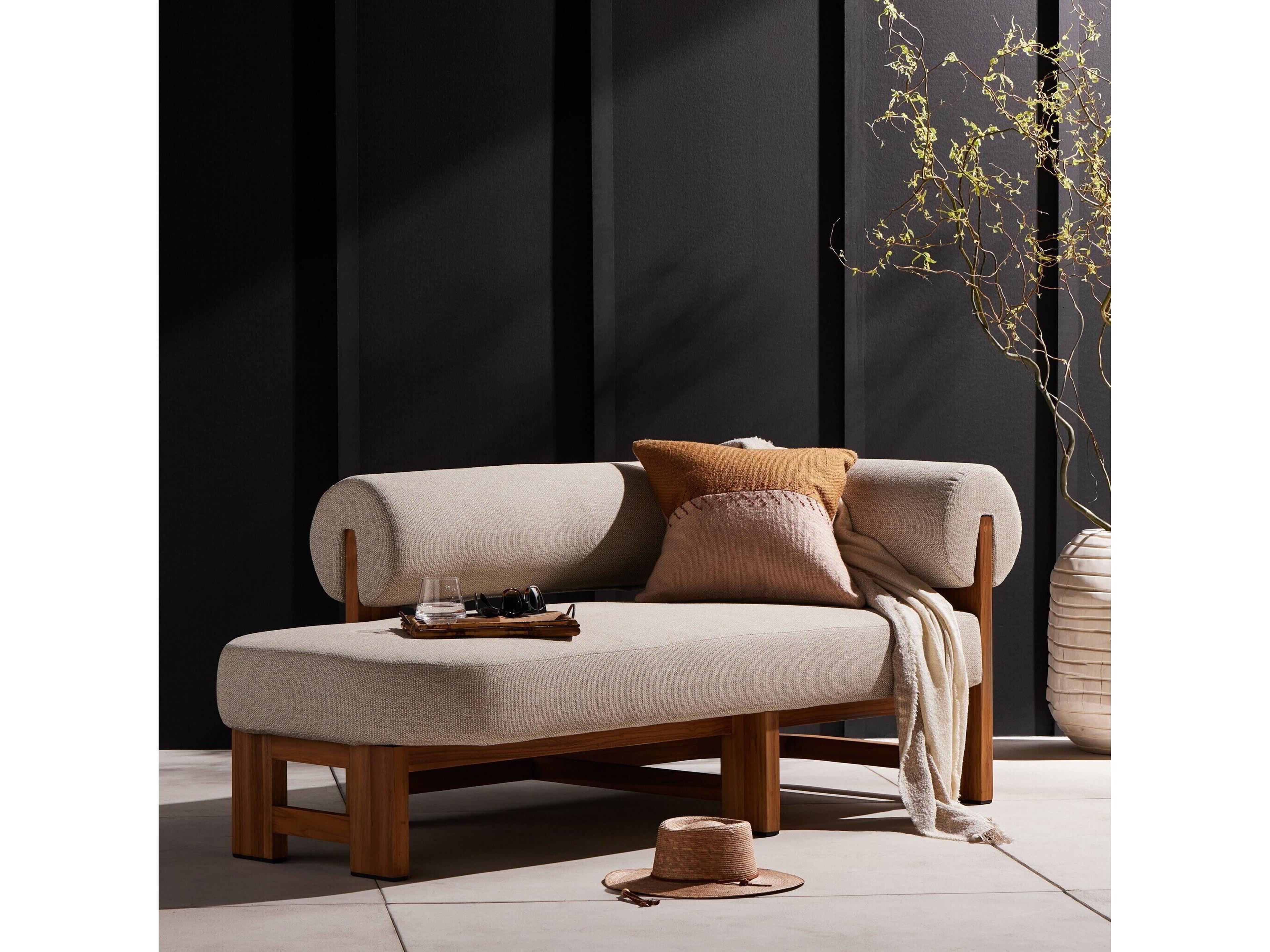 Four Hands Outdoor Solano Natural Teak Right Facing Chaise Lounge with Faye Sand Cushion