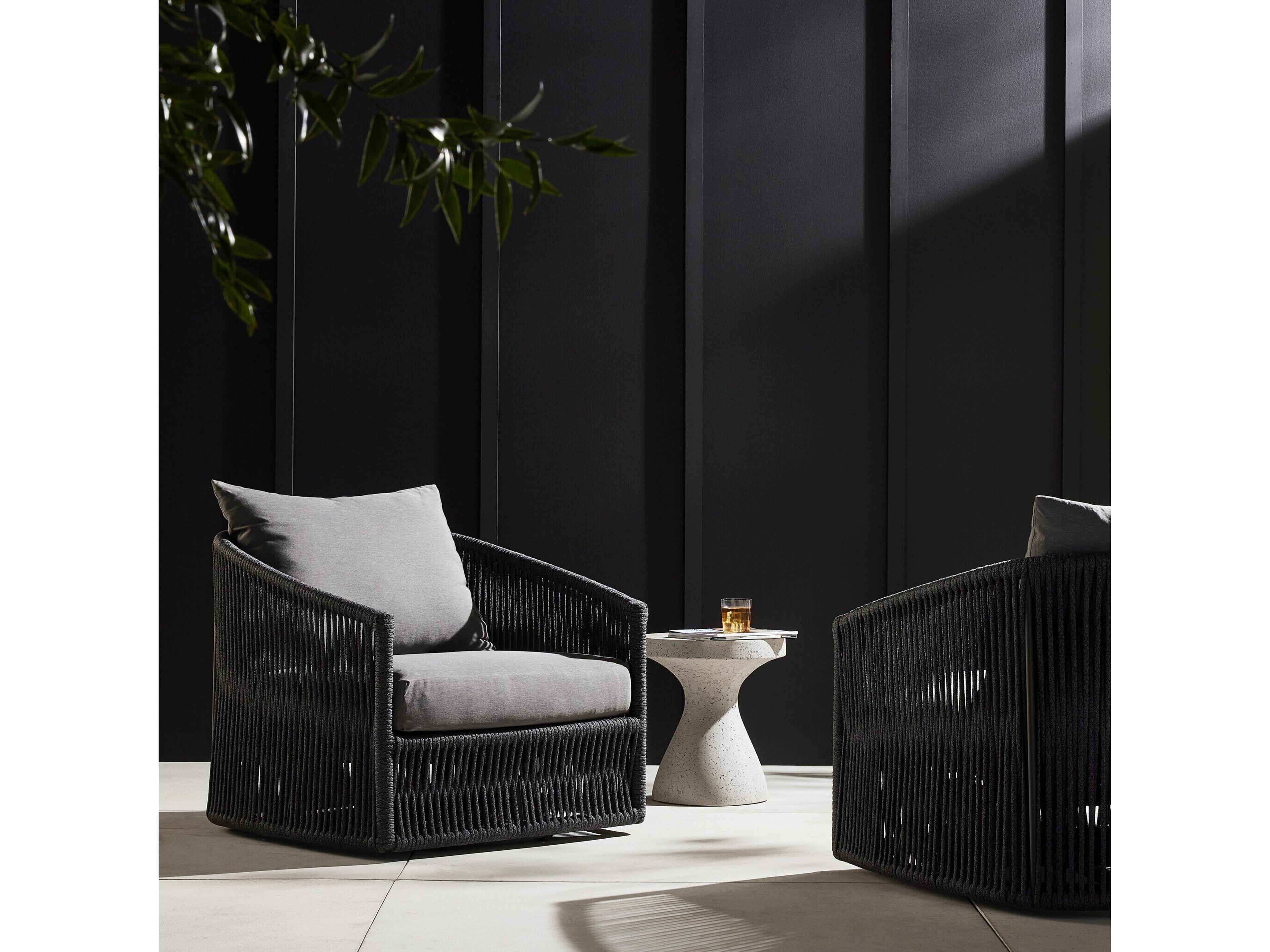 Four Hands Outdoor Solano Bronze / Thick Dark Grey Rope Swivel Lounge Chair with Venao Charcoal Cushion