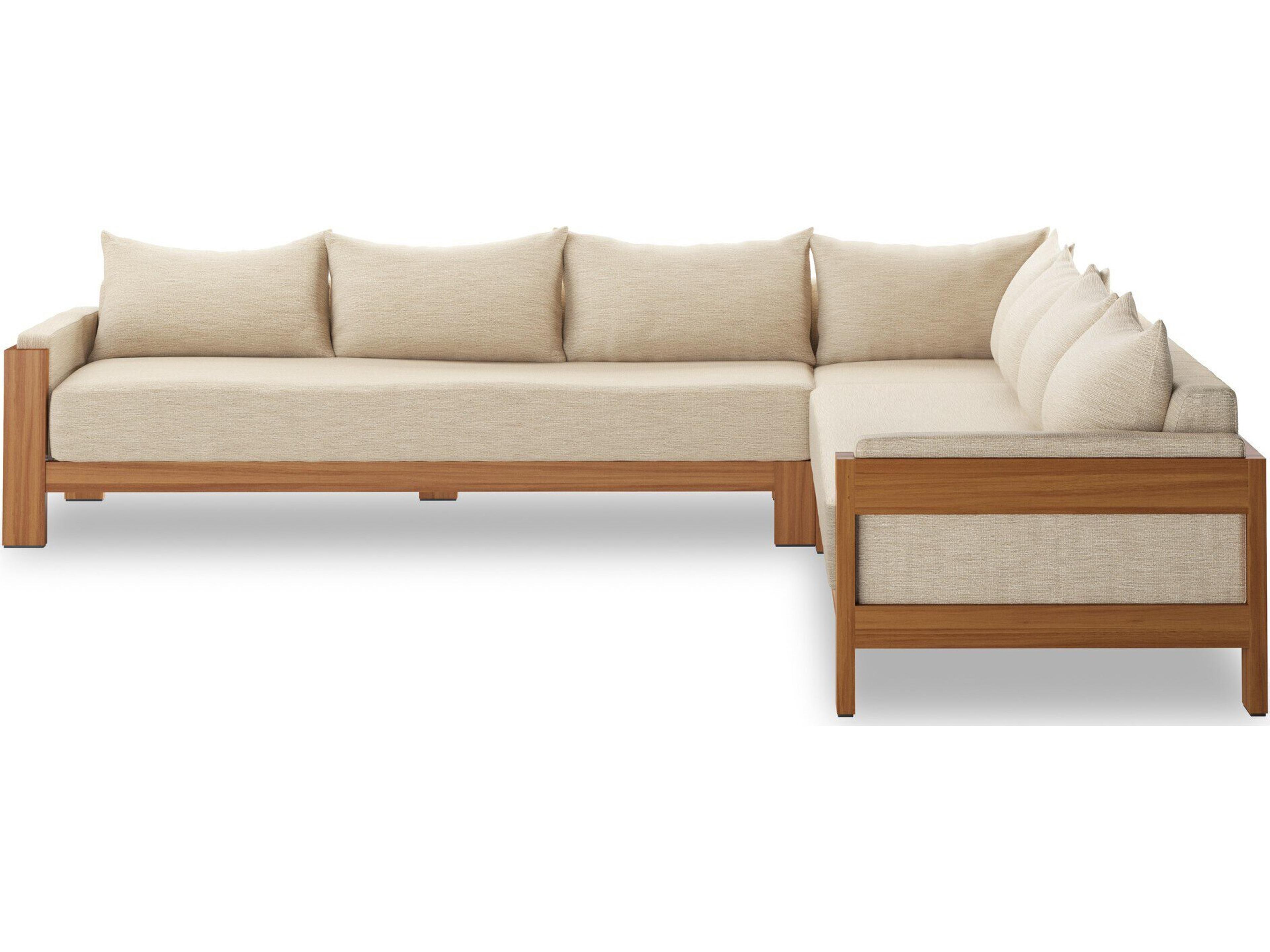 Four Hands Outdoor Duvall Natural Teak Three-Piece Sectional Sofa with Casa Cream Cushion
