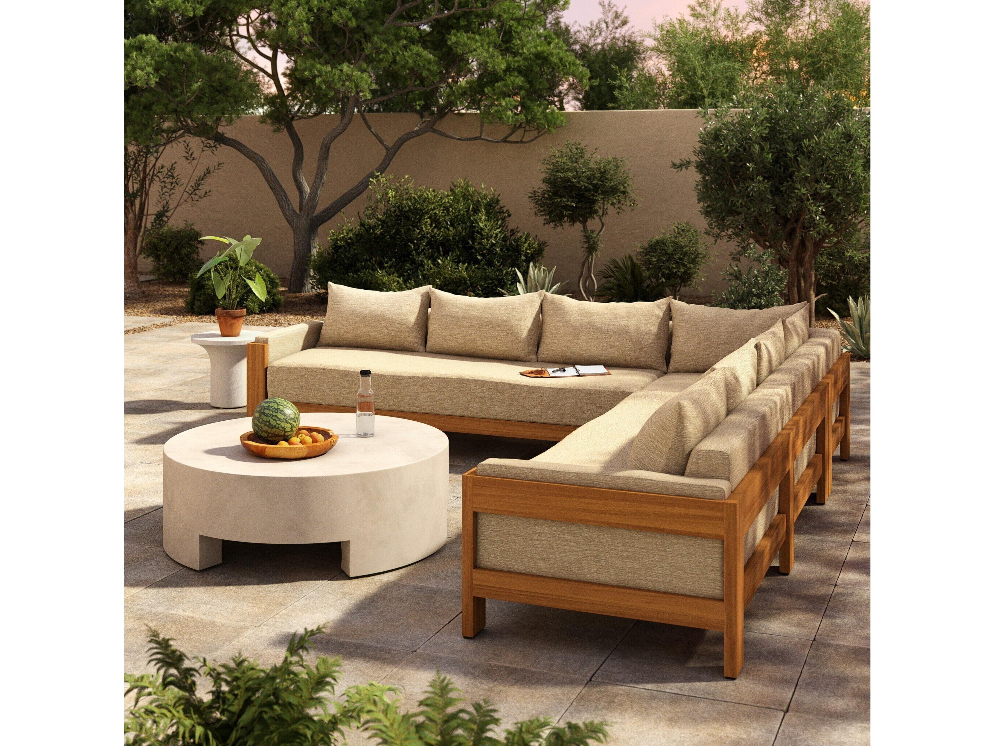 Four Hands Outdoor Duvall Natural Teak Three-Piece Sectional Sofa with Casa Cream Cushion