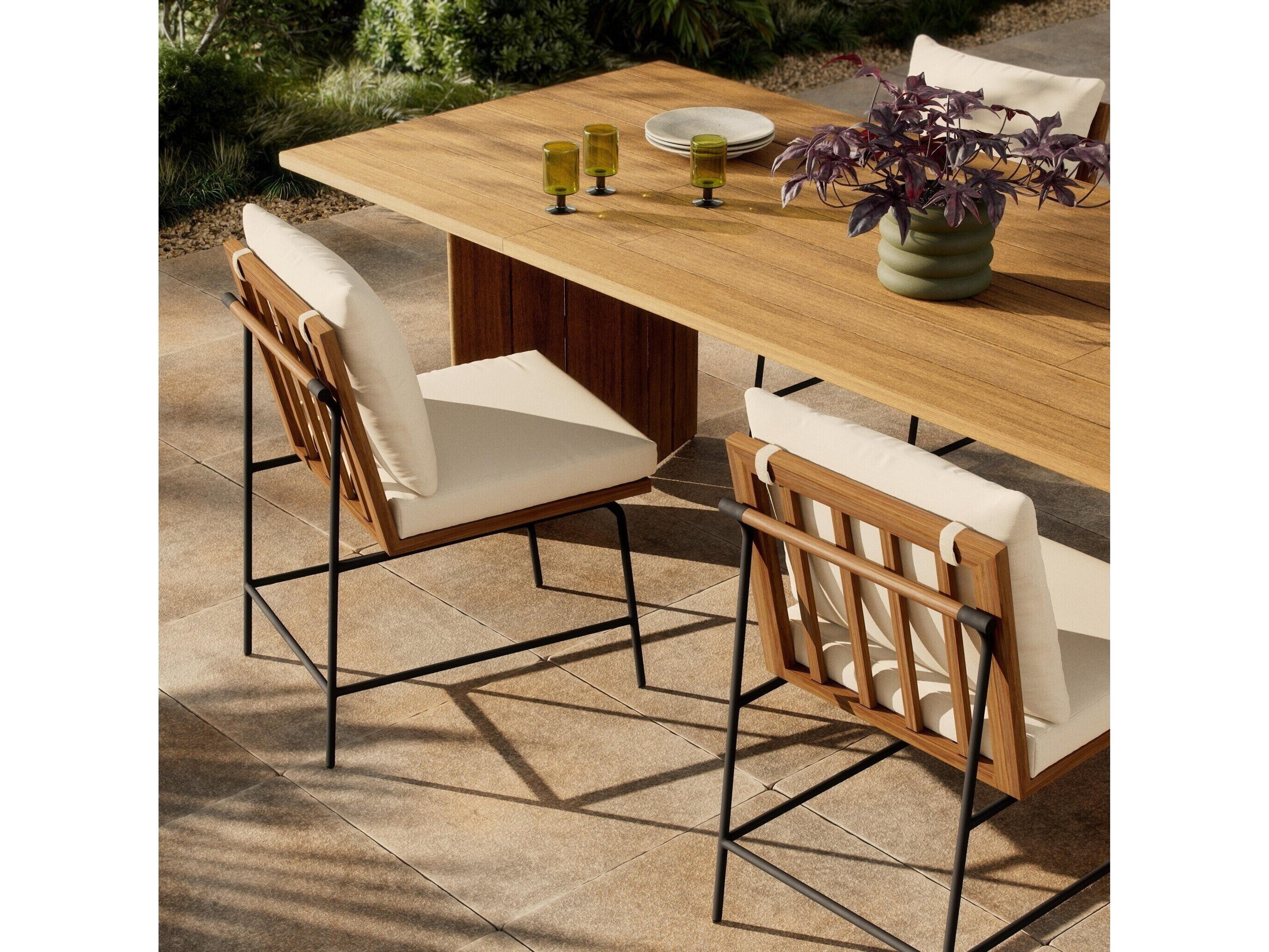 Four Hands Outdoor Grass Roots Crete Arashi Salt Charcoal Iron Natural Teak Steel Cushion Dining Chair