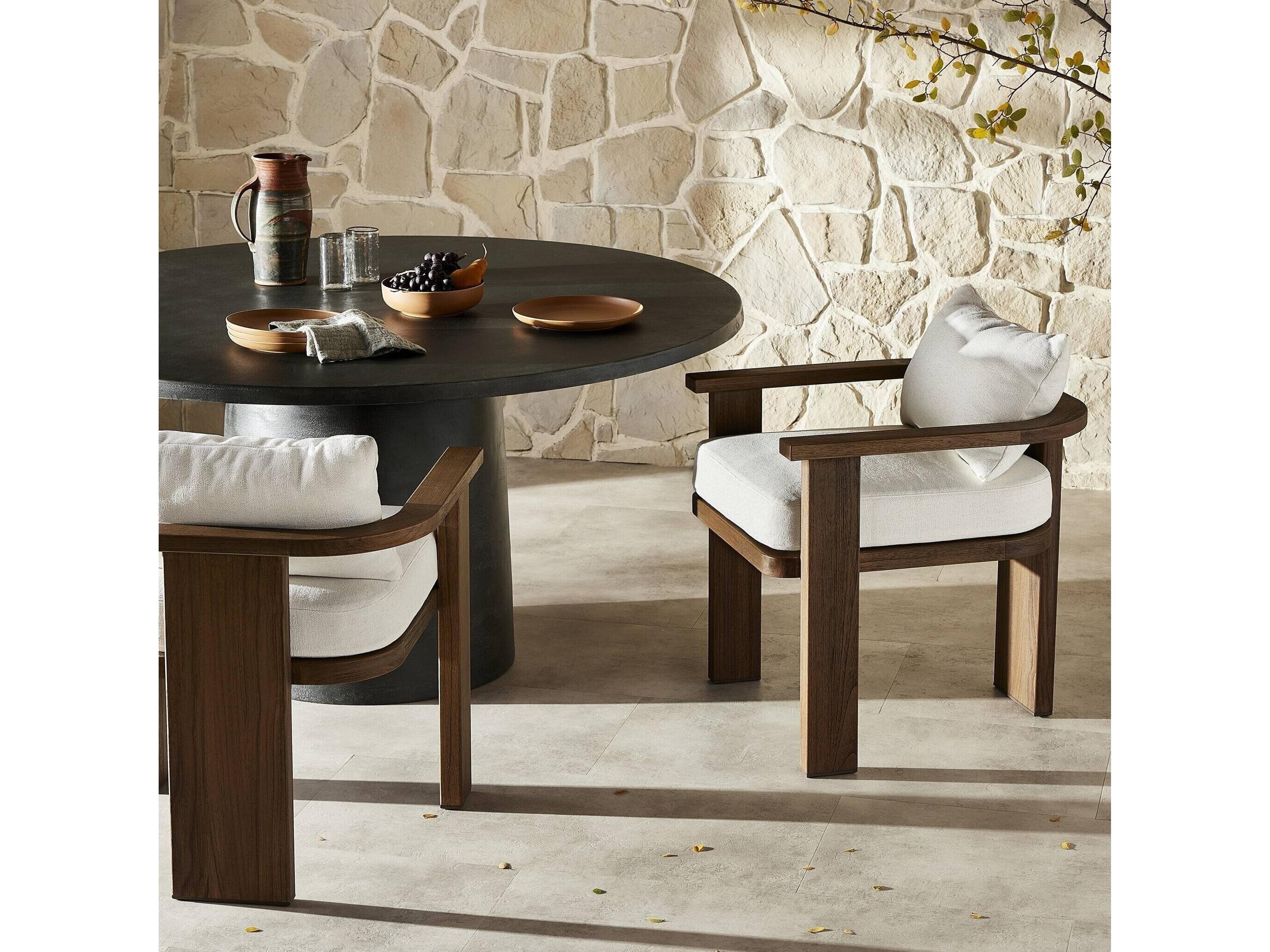 Four Hands Outdoor Solano Tahana Alessi Linen Stained Toasted Brown Teak Cushion Dining Chair