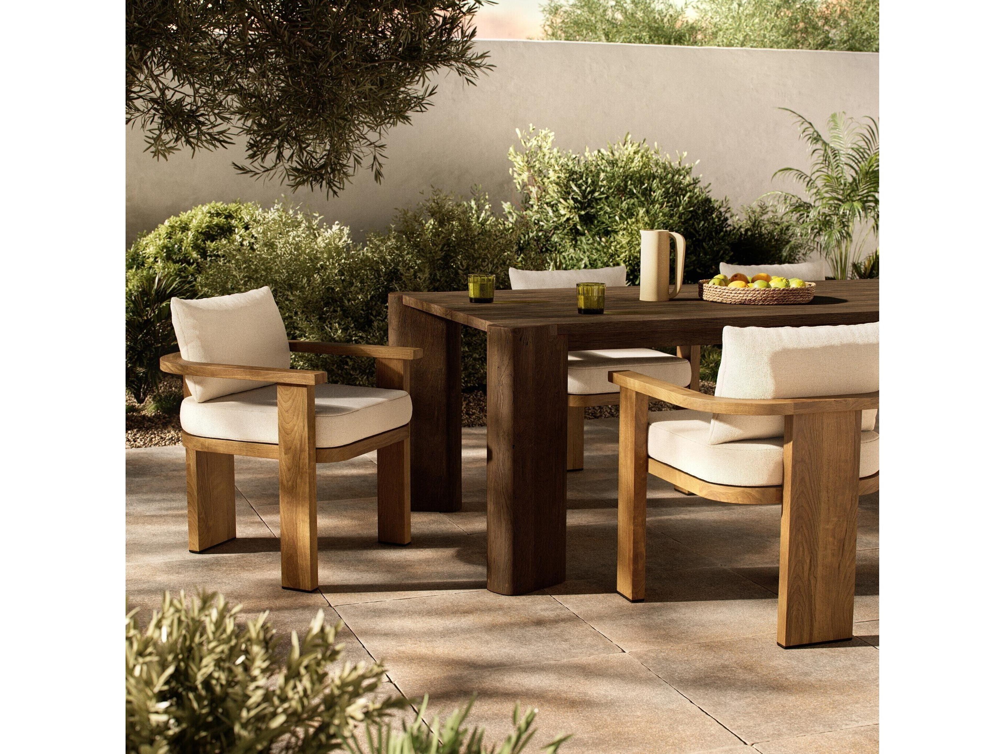 Four Hands Outdoor Solano Tahana Alessi Linen Stained Toasted Brown Teak Cushion Dining Chair