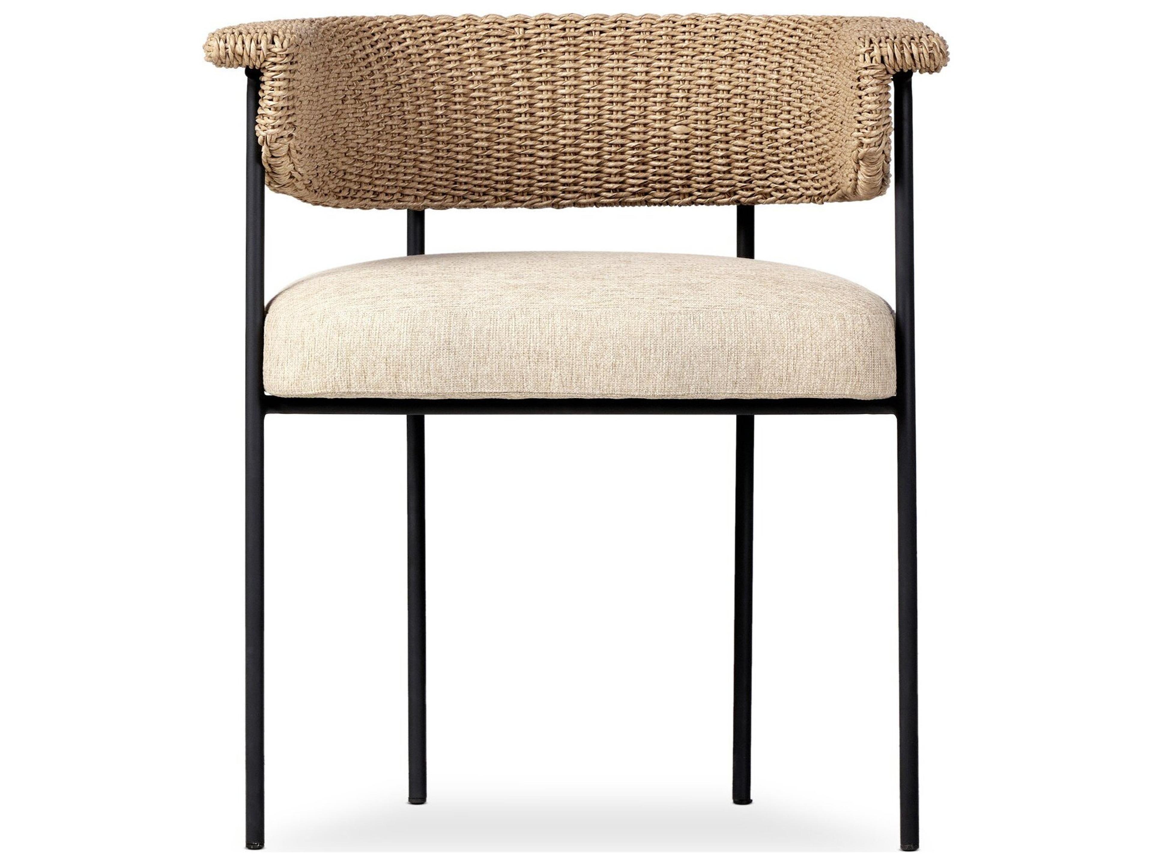 Four Hands Outdoor Grass Roots Carrie Ellor Beige Charcoal Iron Faux Hyacinth Polypropylene Cushion Dining Chair