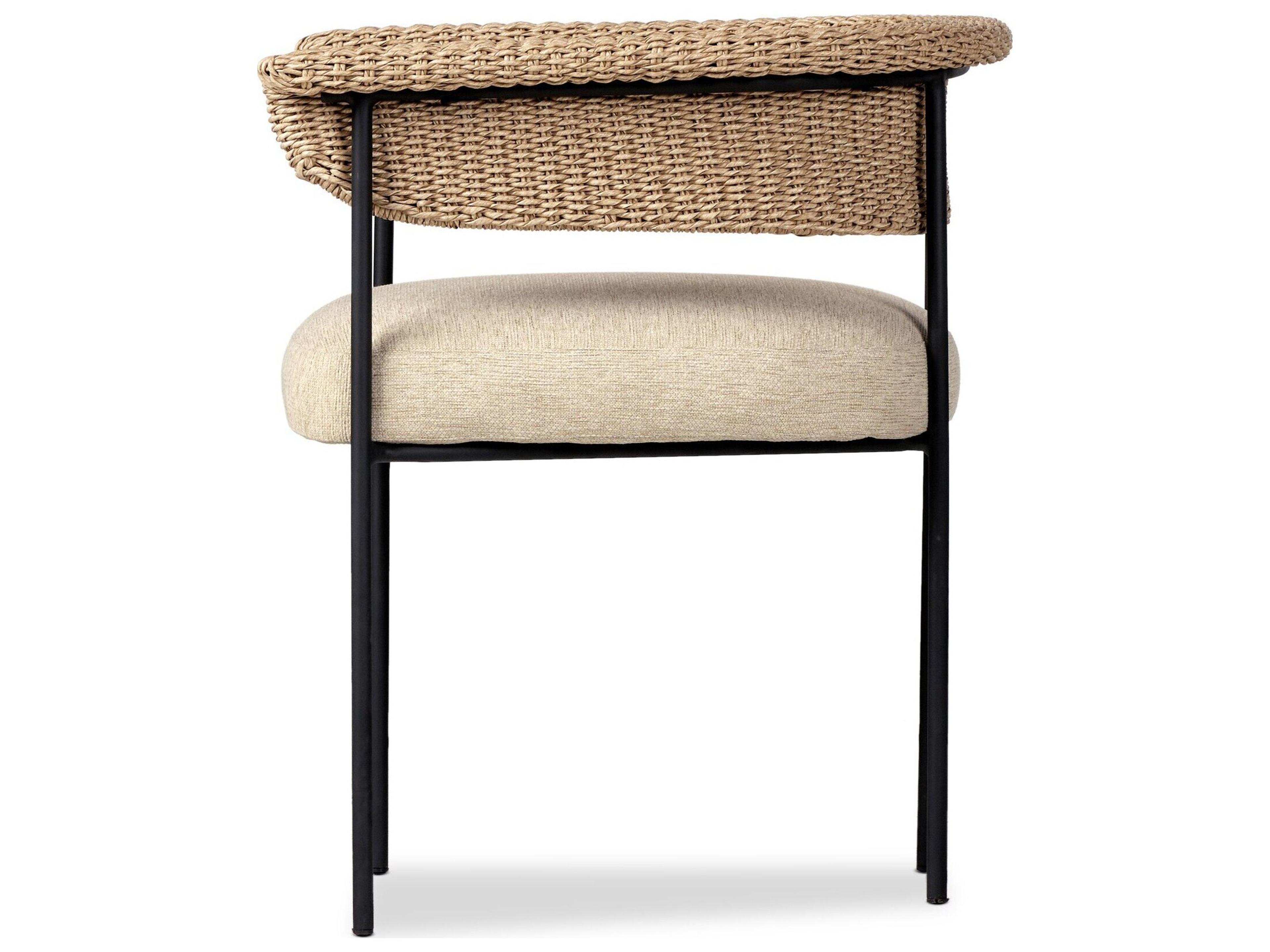 Four Hands Outdoor Grass Roots Carrie Ellor Beige Charcoal Iron Faux Hyacinth Polypropylene Cushion Dining Chair