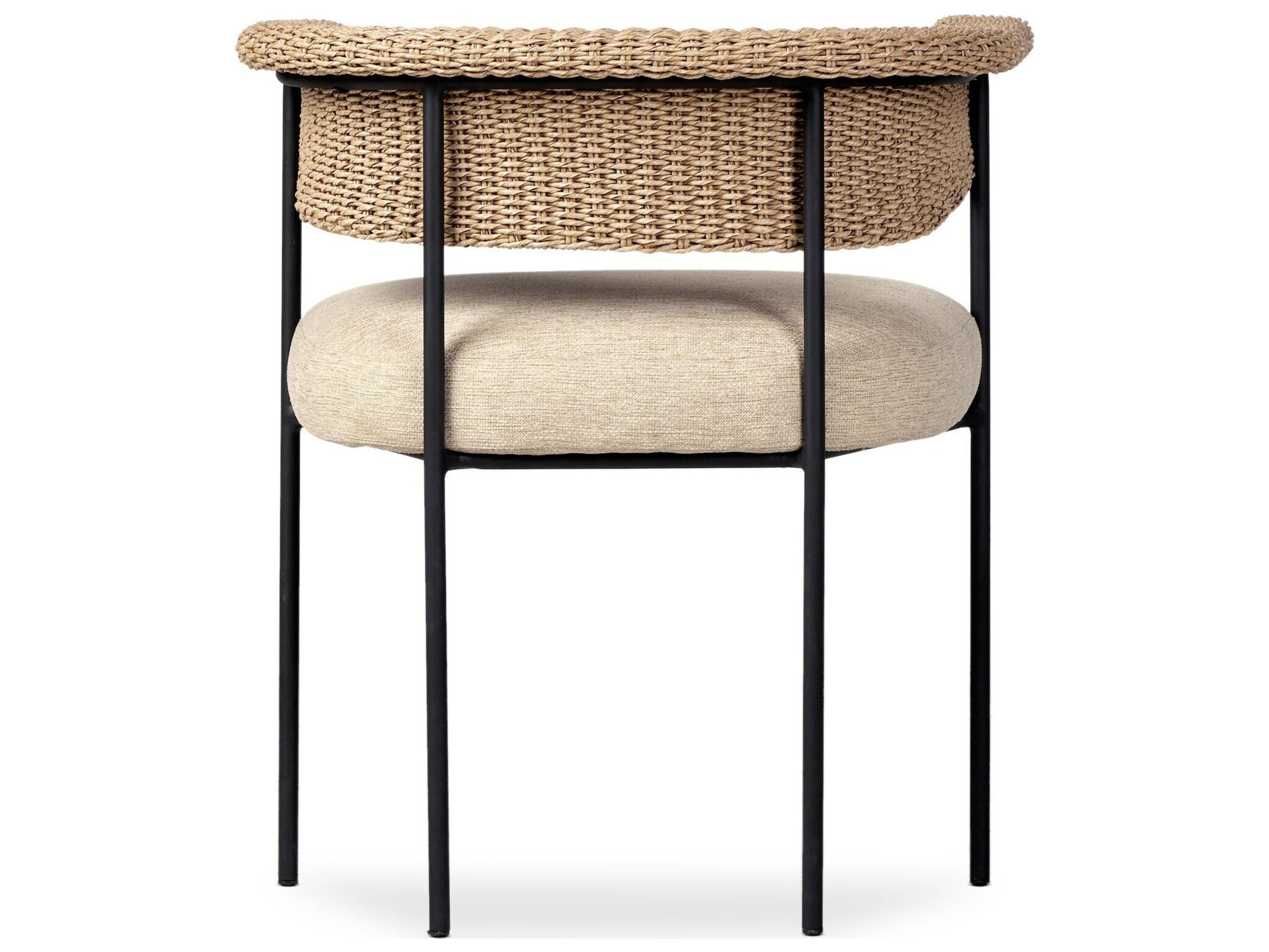 Four Hands Outdoor Grass Roots Carrie Ellor Beige Charcoal Iron Faux Hyacinth Polypropylene Cushion Dining Chair