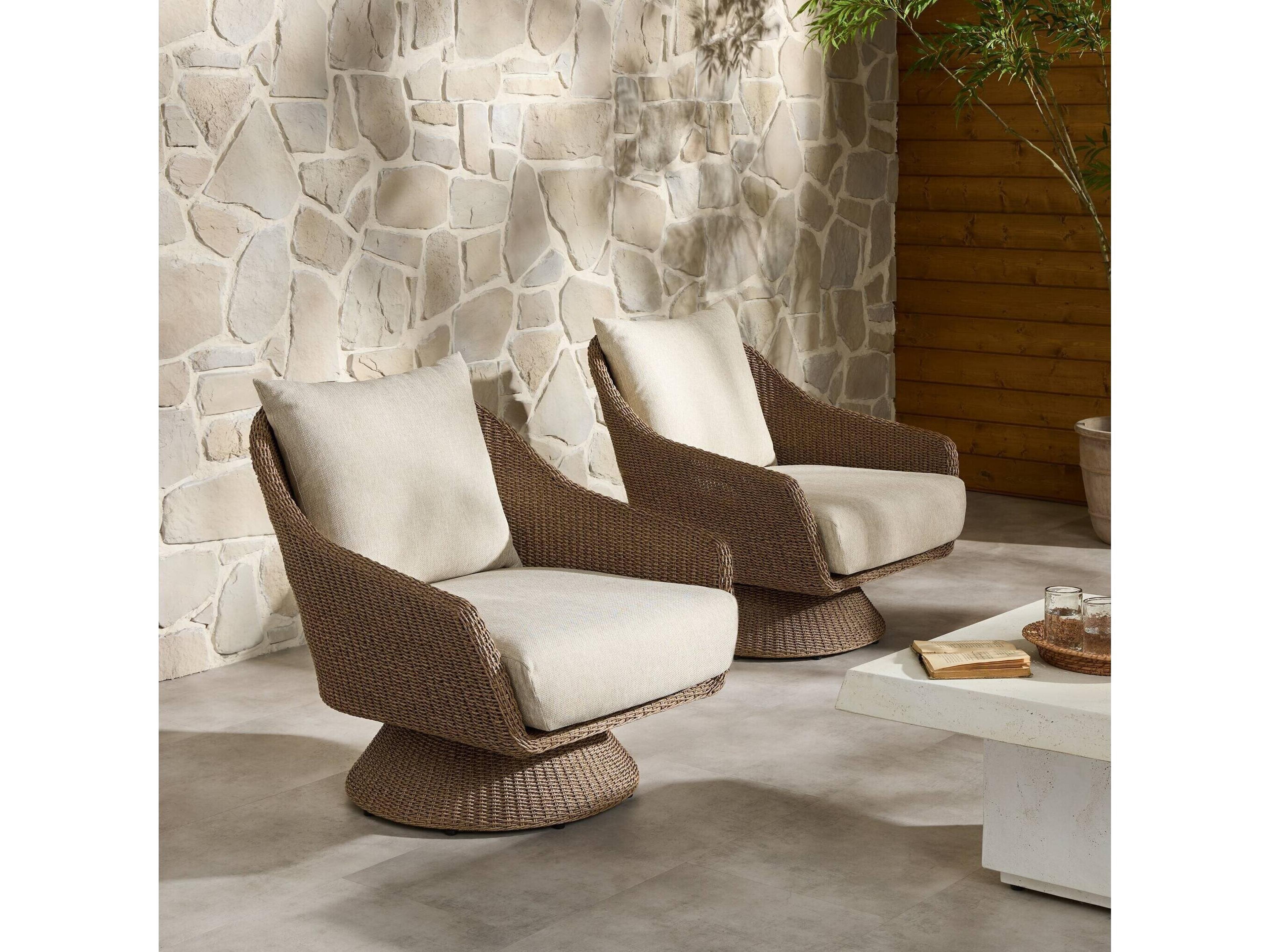 Four Hands Outdoor Providence Koe Faux Dark Hyacinth Wicker Cushion Swivel Lounge Chair in Elior Beige