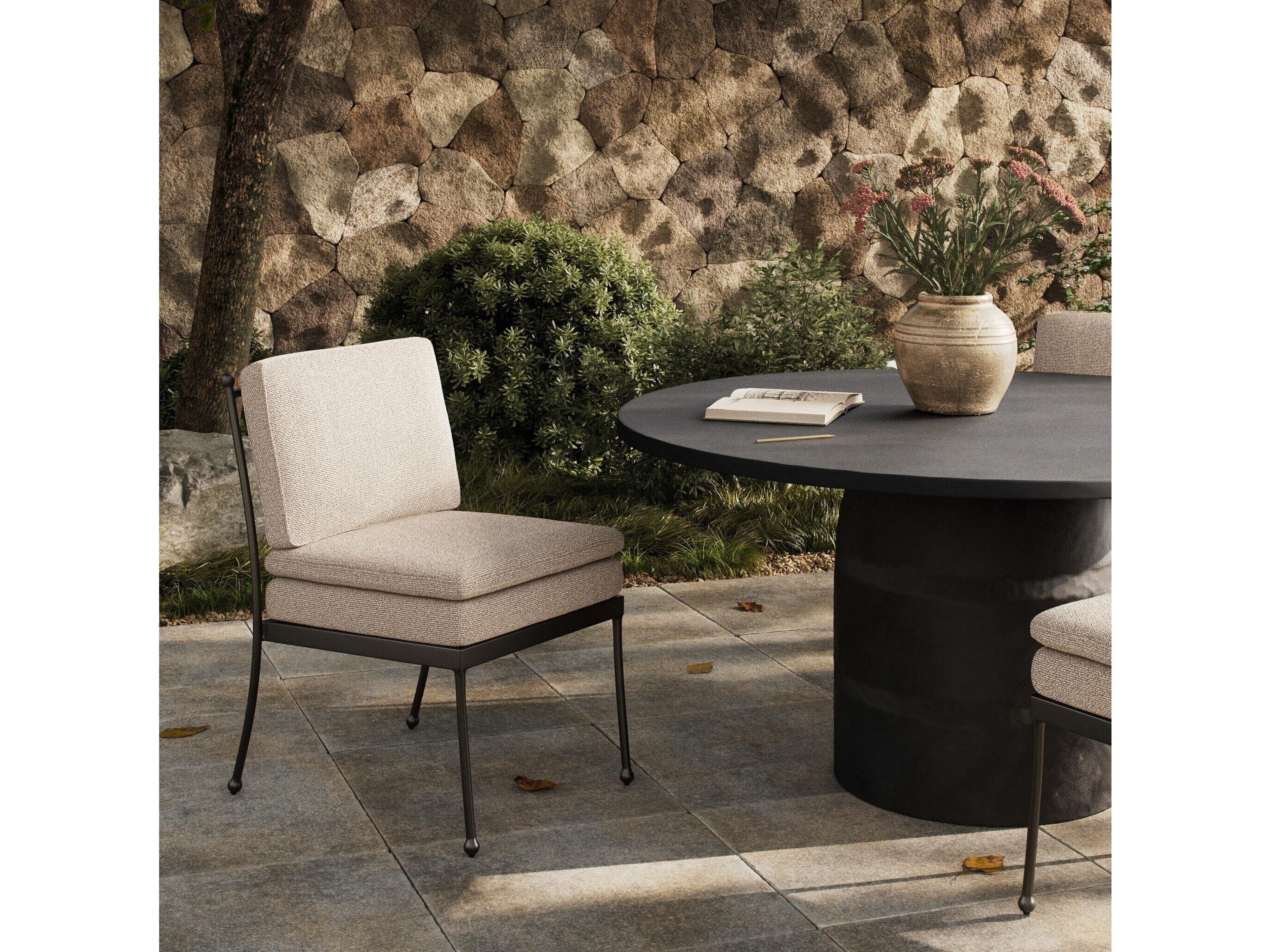 Four Hands Outdoor Westgate Tally Matte Gunmetal Aluminum Cushion Dining Side Chair in Ramiro Ecru