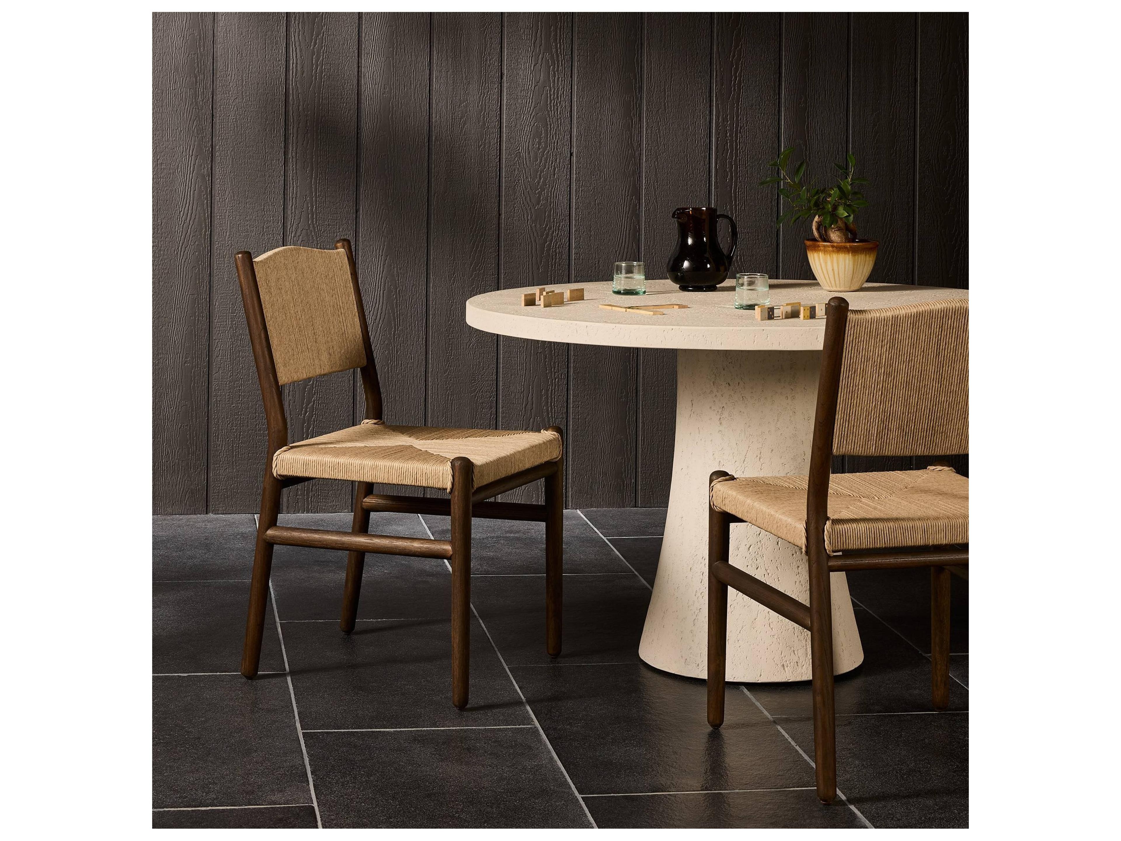 Four Hands Outdoor Grass Roots Herrin Stained Saddle Brown Teak Dining Side Chair in Vintage White