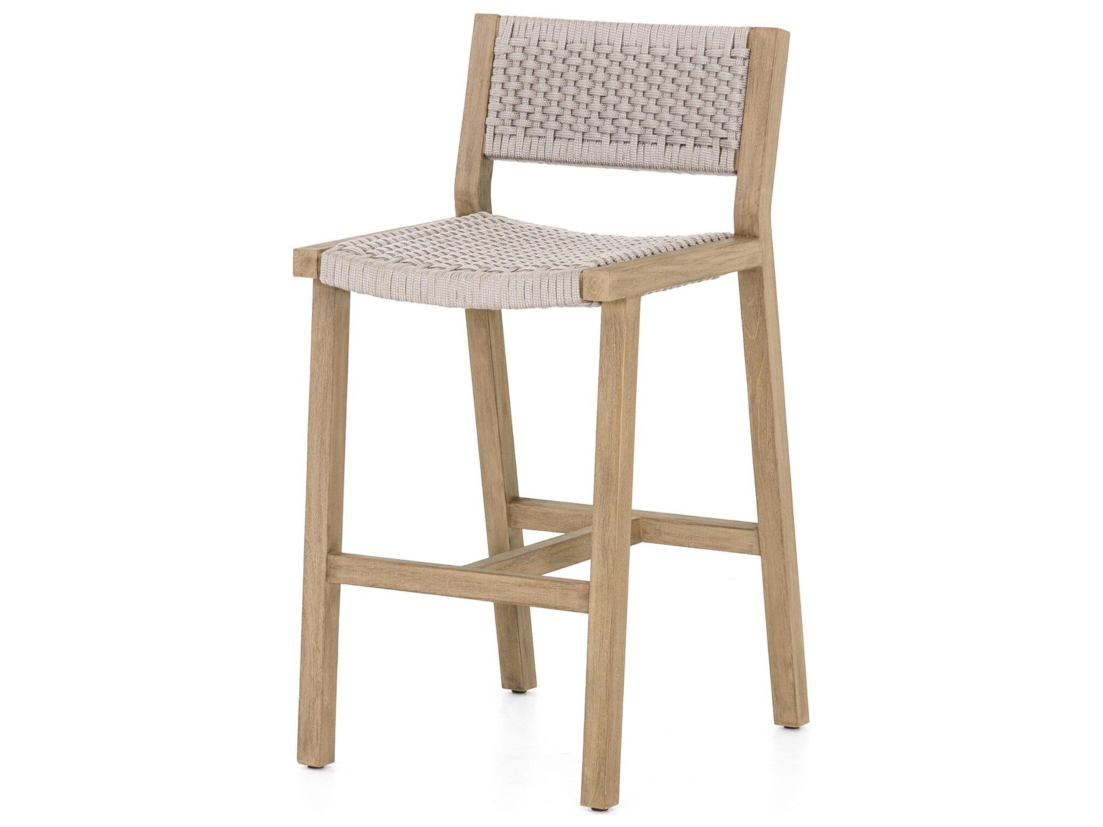Four Hands Outdoor Solano Thick Grey Rope / Washed Brown Teak Strap Bar Stool