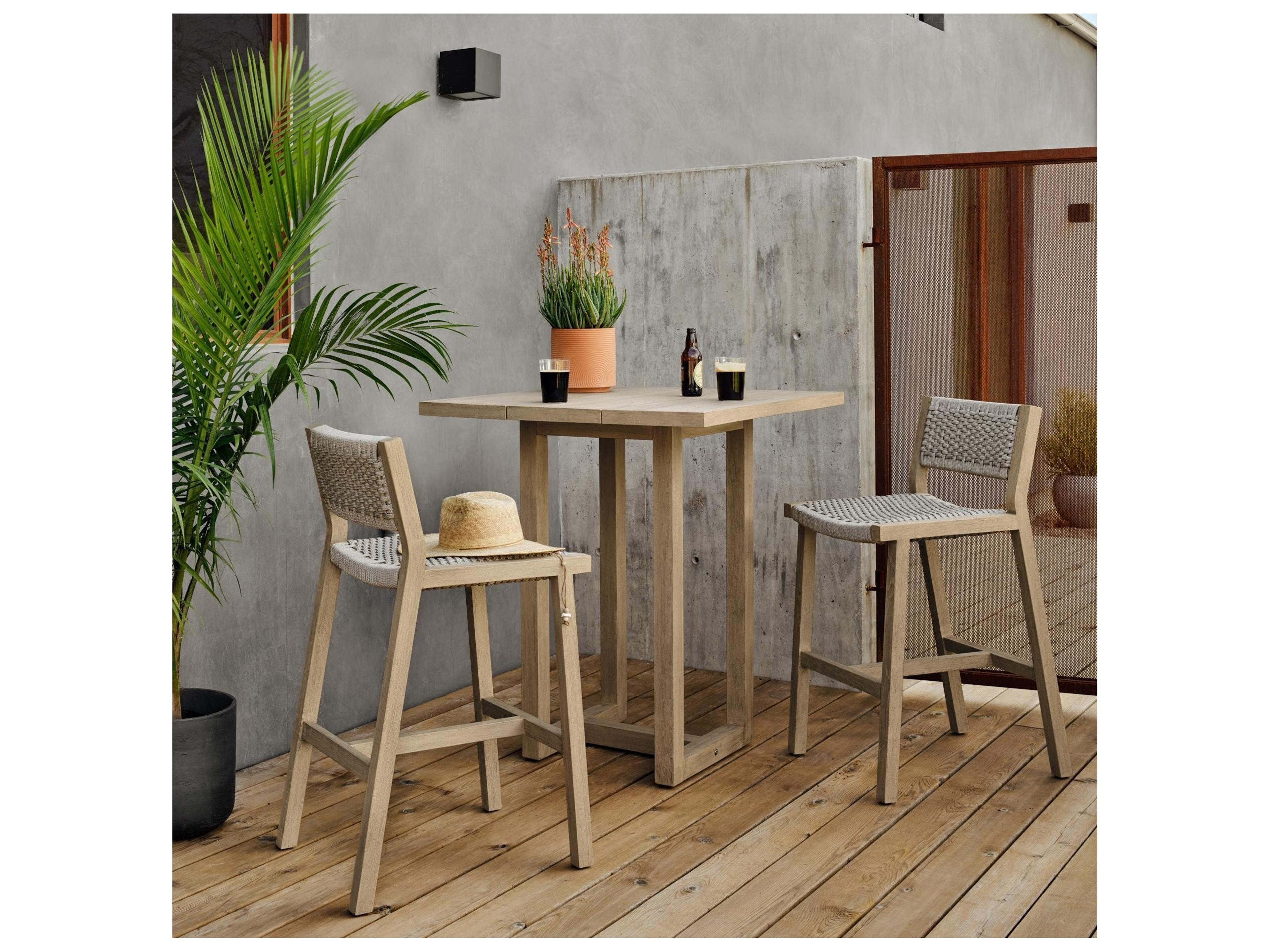 Four Hands Outdoor Solano Thick Grey Rope / Washed Brown Teak Strap Bar Stool