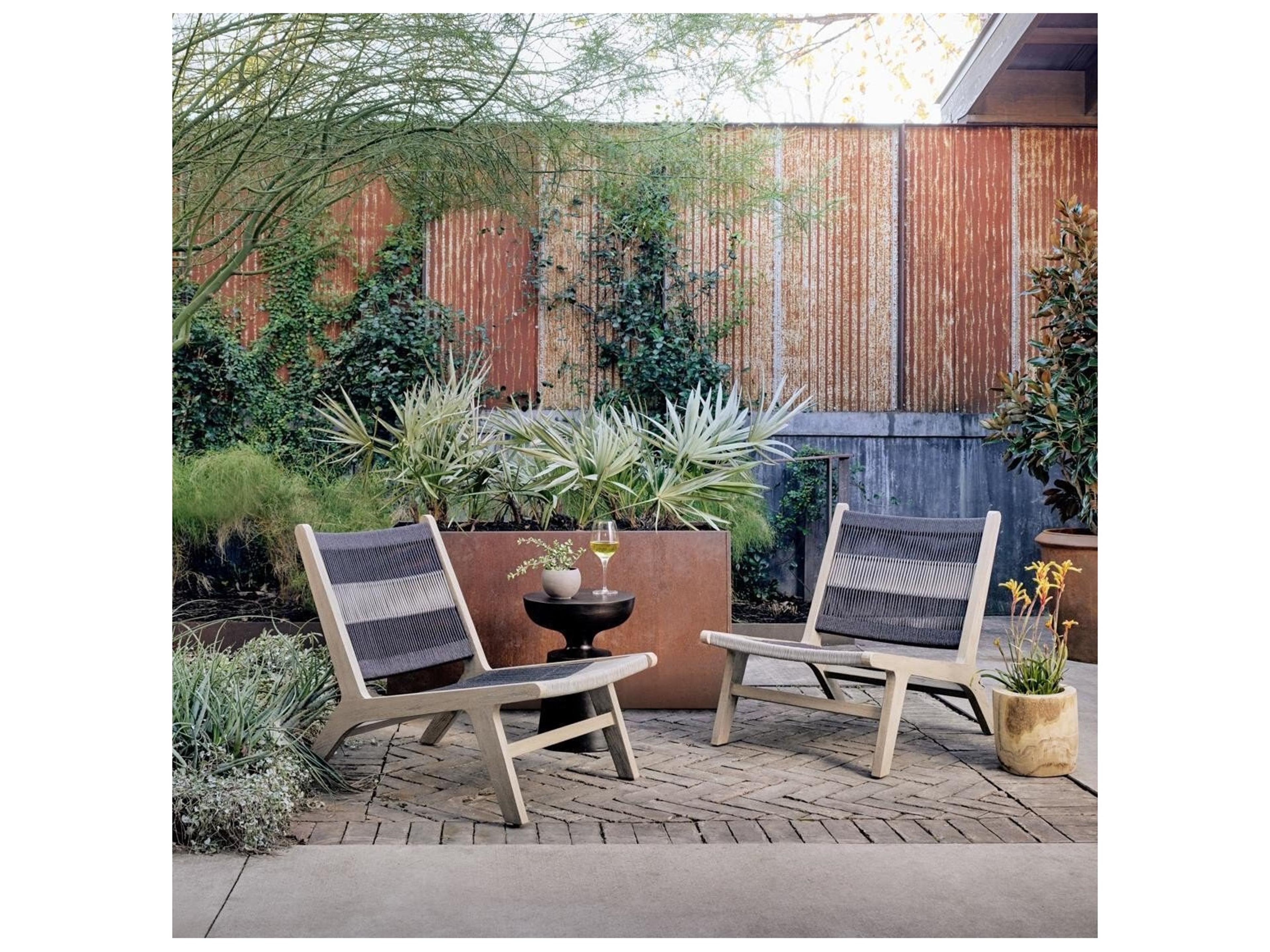 Four Hands Outdoor Solano Washed Brown Teak  Lounge Chair in Grey/Dark Grey Rope