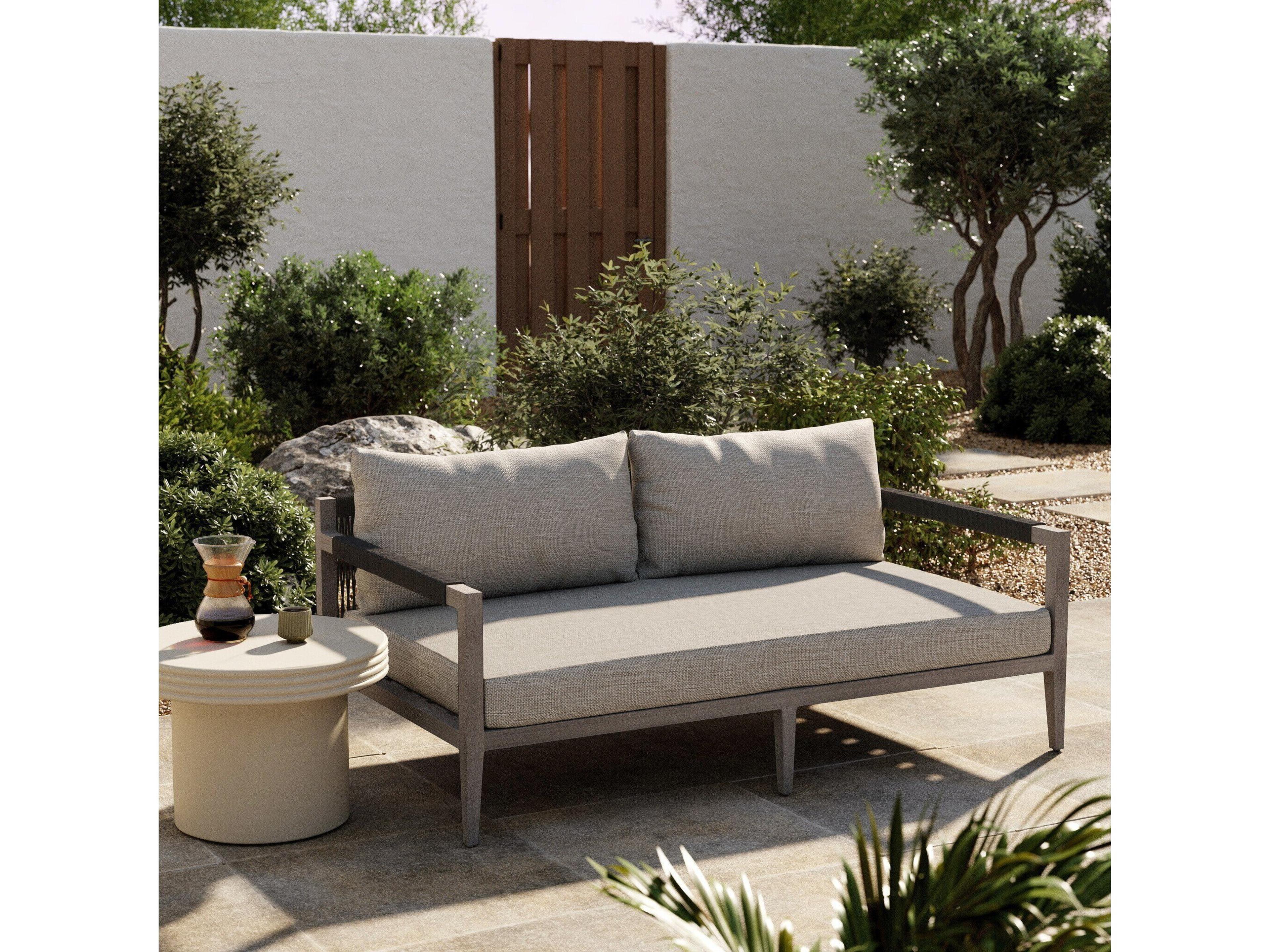 Luxecor Globetrotter Outdoor Sherwood Weathered Grey Teak Cushion 63" Sofa in Stone
