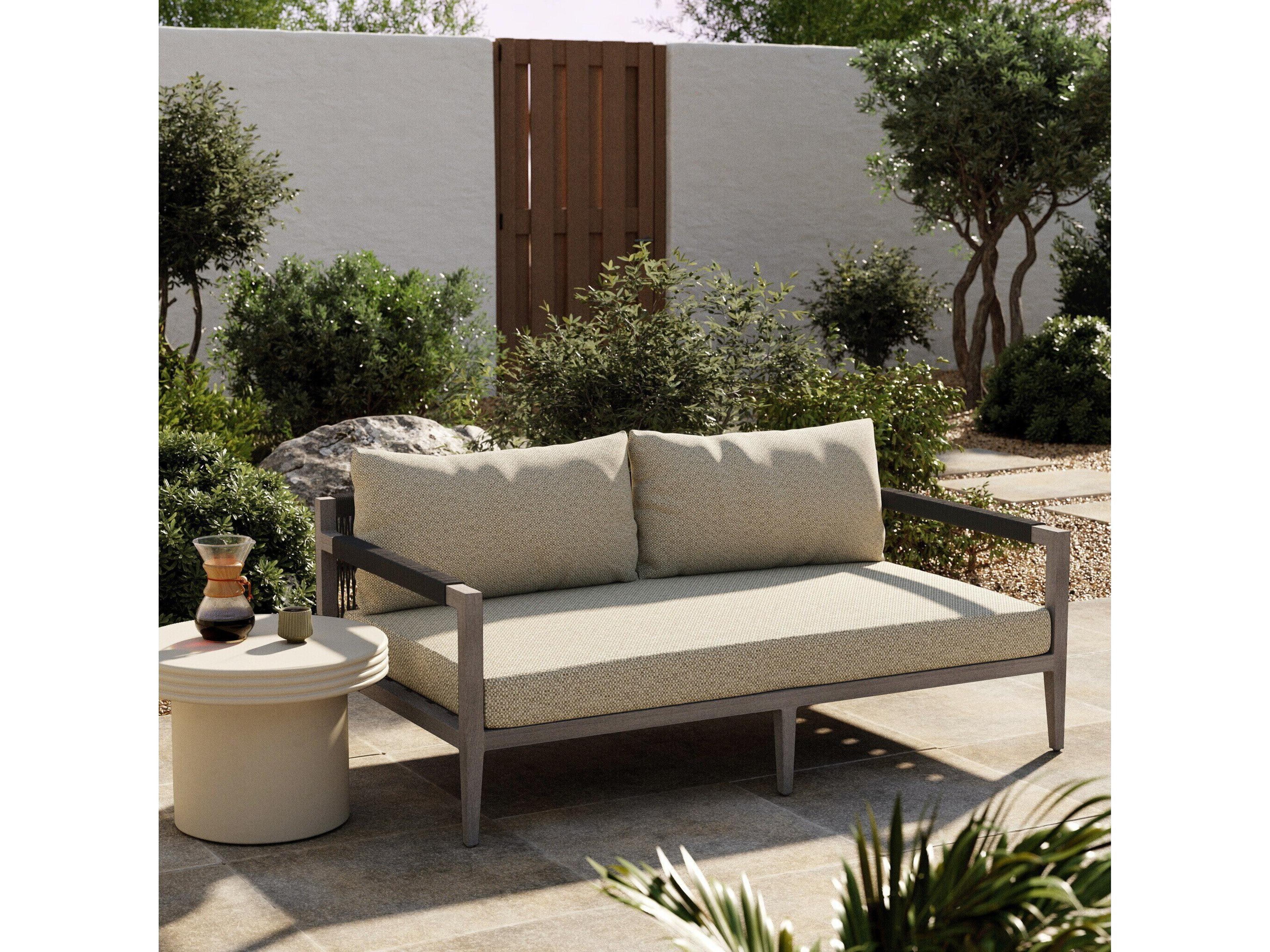 Luxecor Globetrotter Outdoor Sherwood Weathered Grey Teak Cushion 63" Sofa in Faye Sand