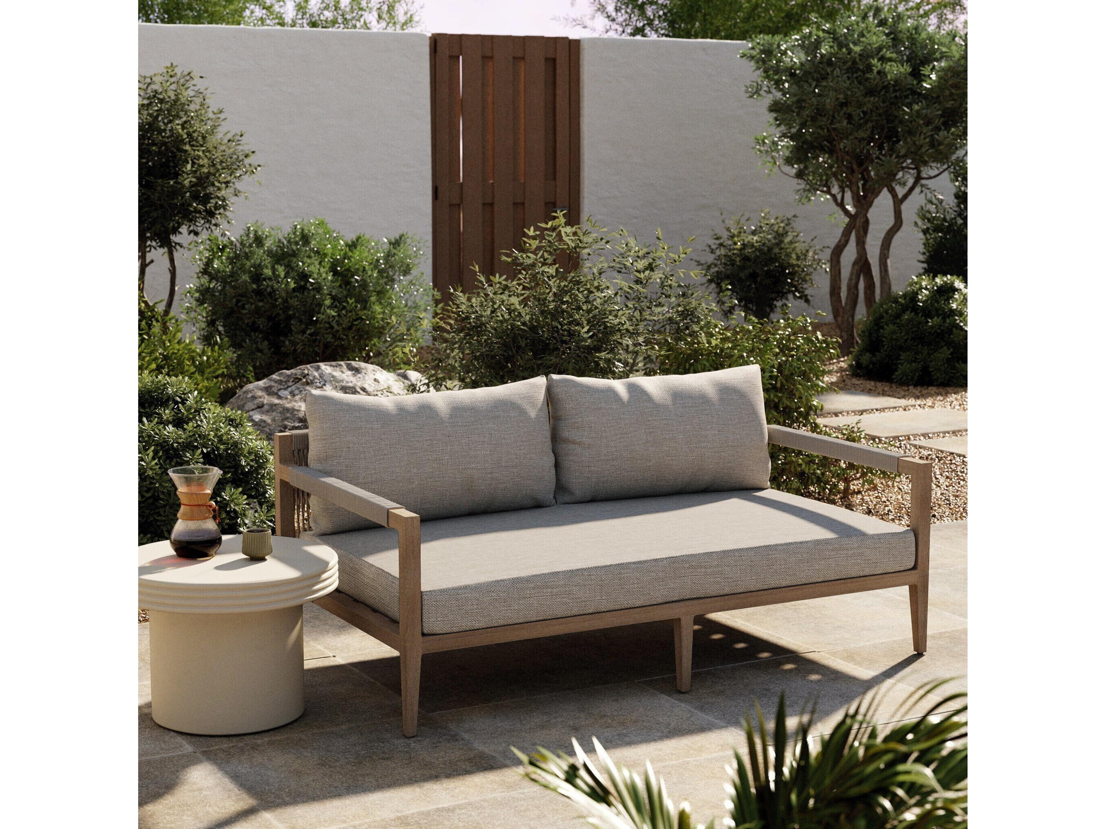 Luxecor Globetrotter Outdoor Sherwood Washed Brown Teak Cushion 63" Sofa in Stone Grey