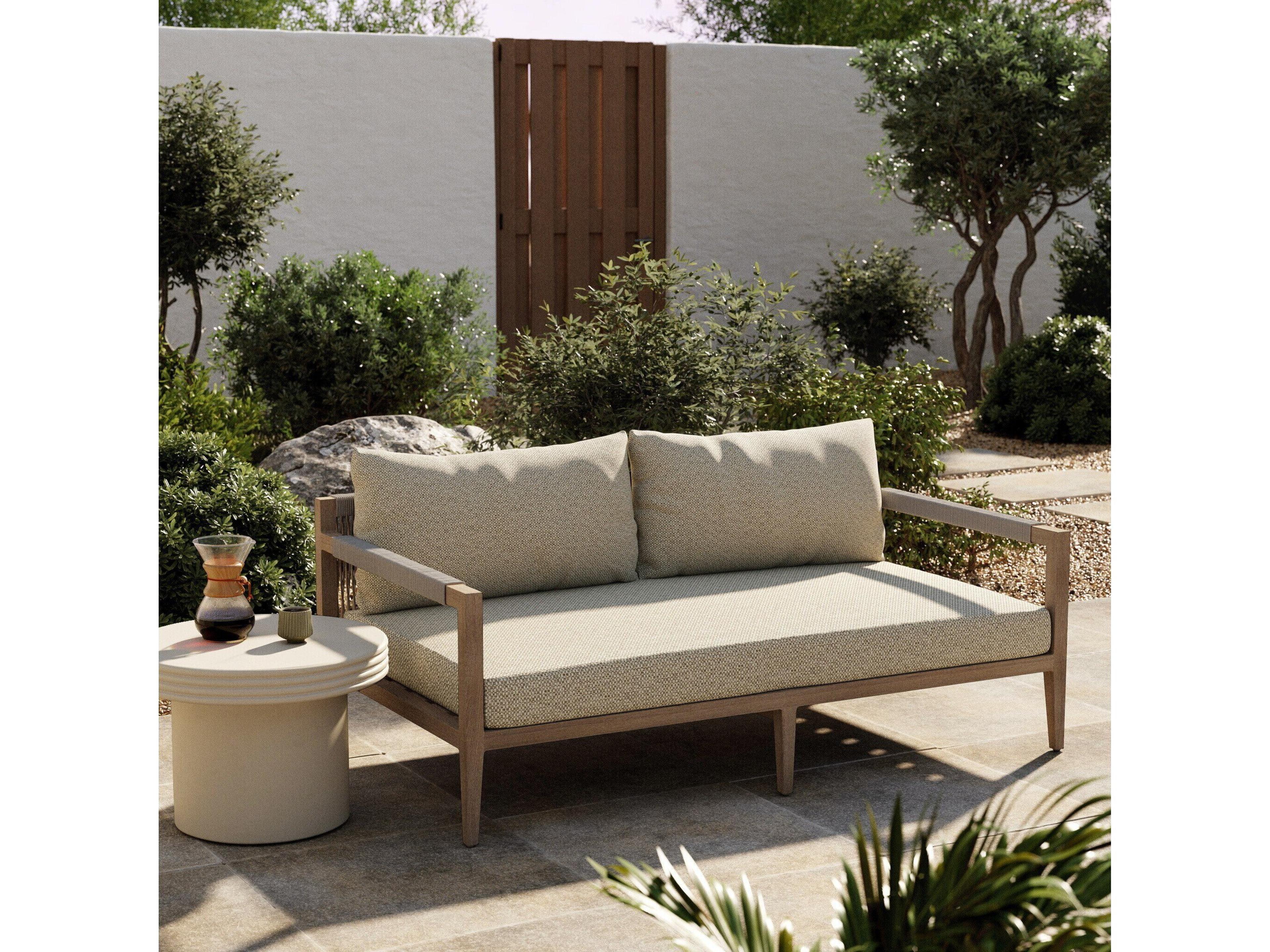 Luxecor Globetrotter Outdoor Sherwood Washed Brown Teak Cushion 63" Sofa in Faye Sand