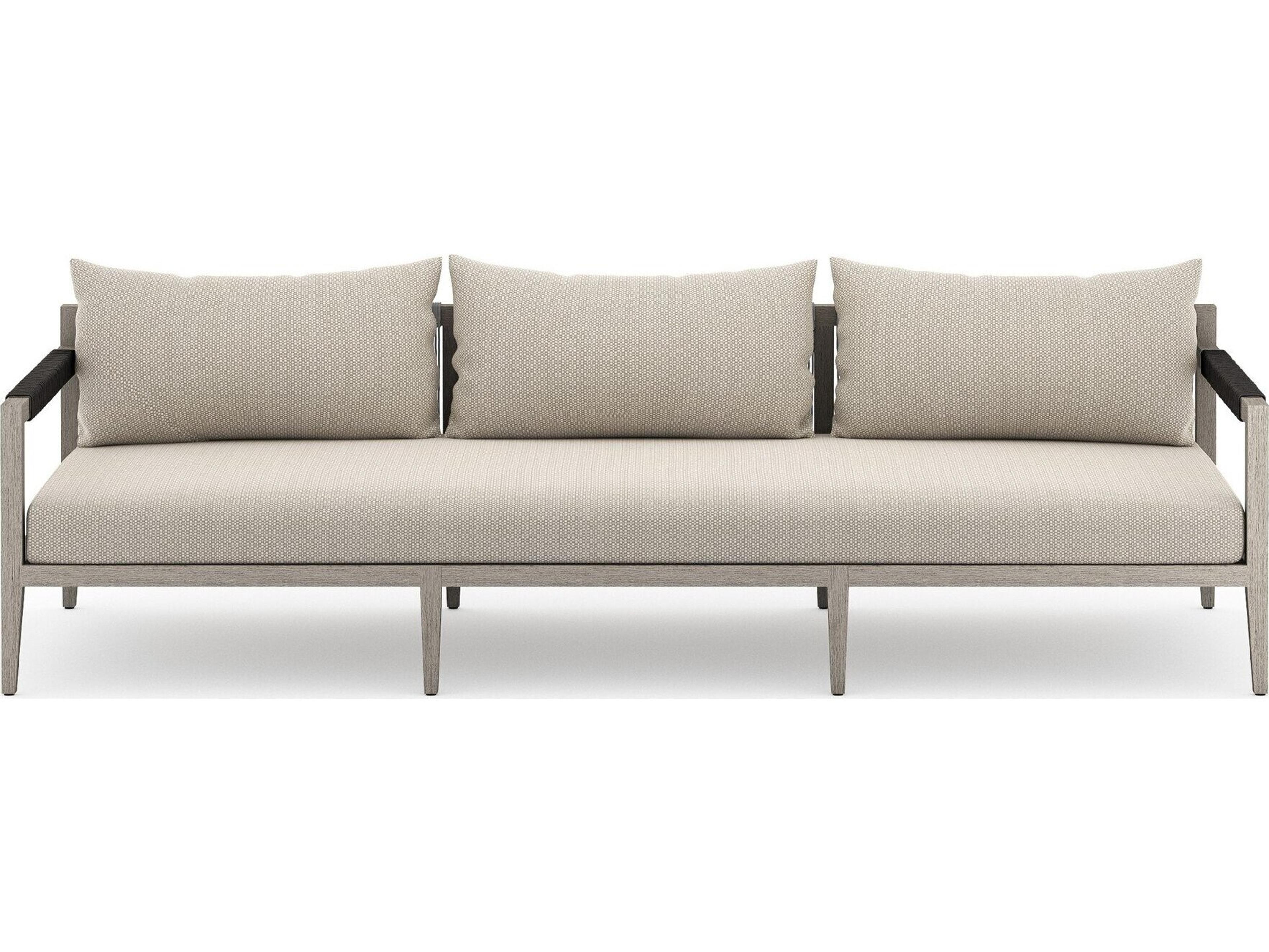 Globetrotter Outdoor Sherwood Weathered Grey Teak Cushion 93" Sofa in Faye Sand