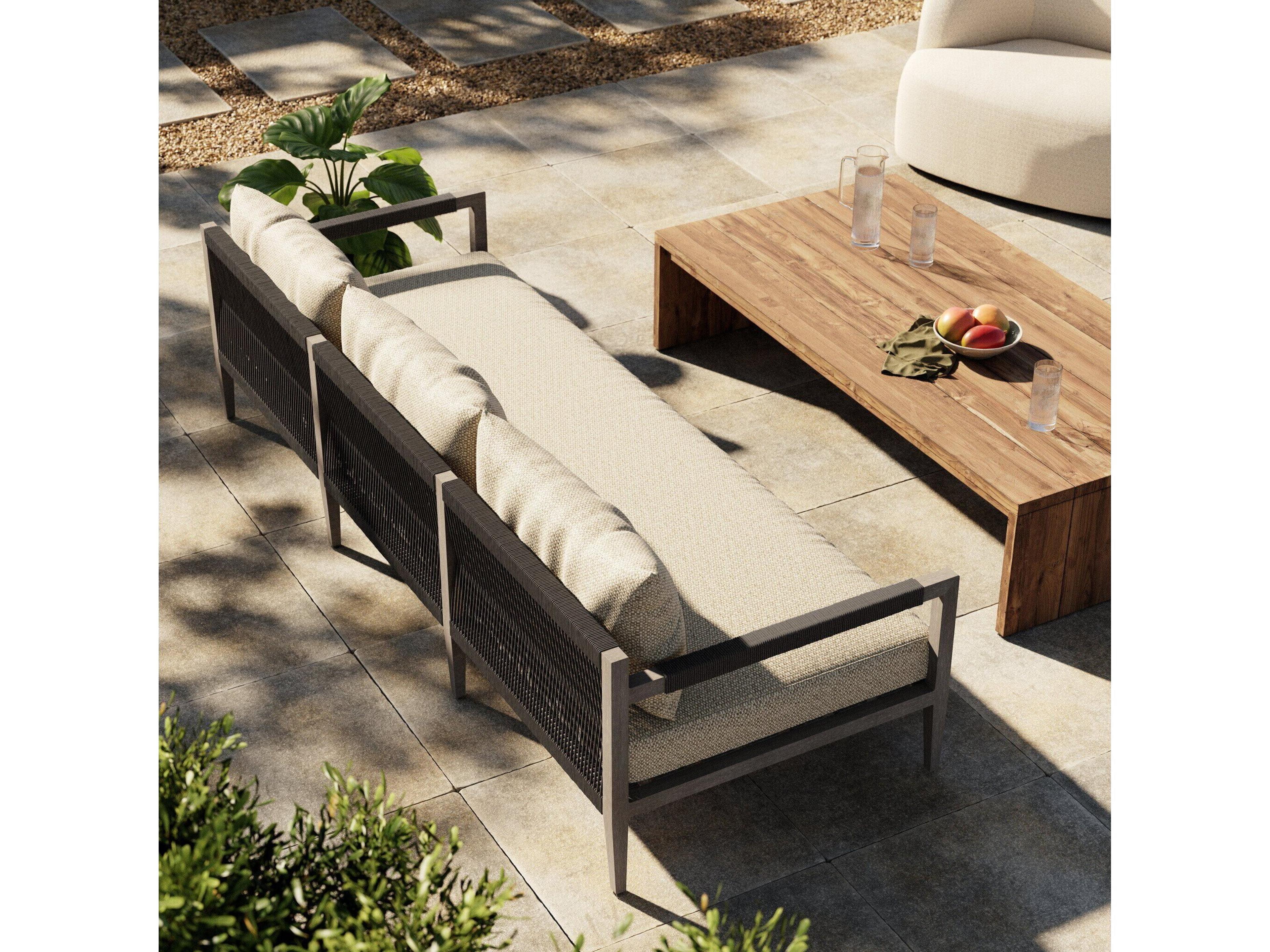 Luxecor Globetrotter Outdoor Sherwood Weathered Grey Teak Cushion 93" Sofa in Faye Sand