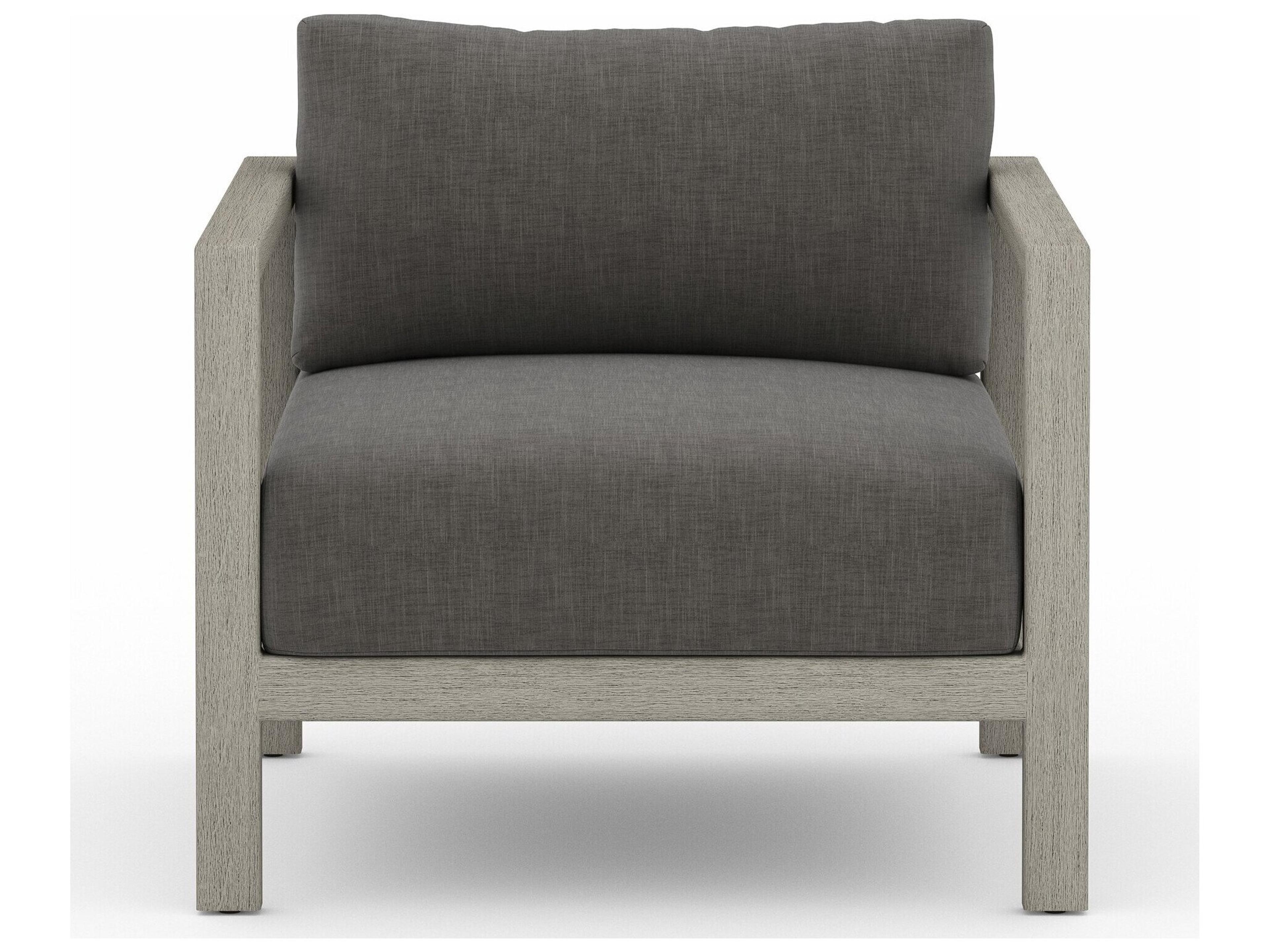 Four Hands Outdoor Solano Charcoal Weathered Grey Dark Strap Teak Cushion Lounge Chair