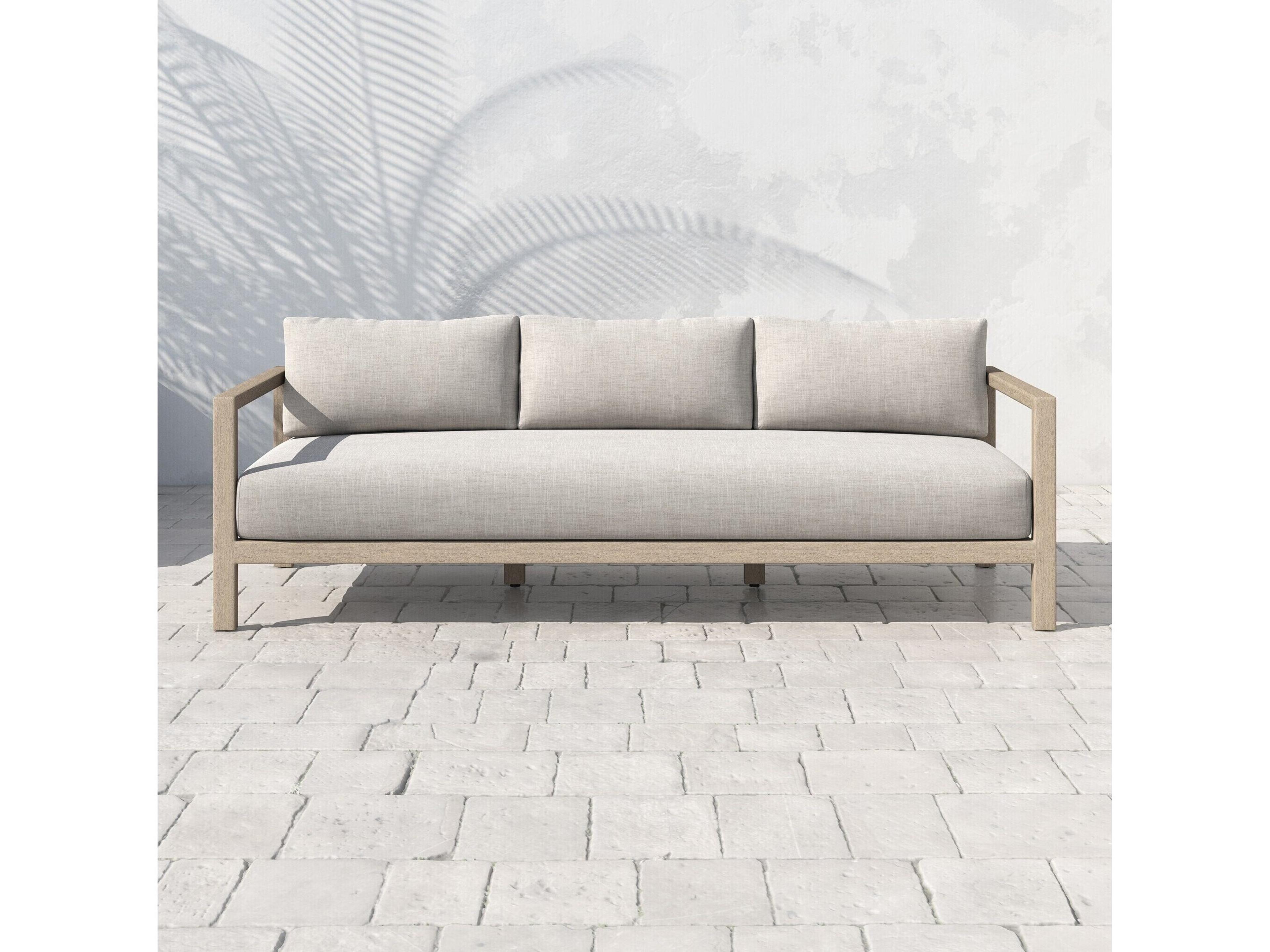 Four Hands Outdoor Solano Sonoma Washed Brown Teak Cushion 88" Sofa in Stone Grey