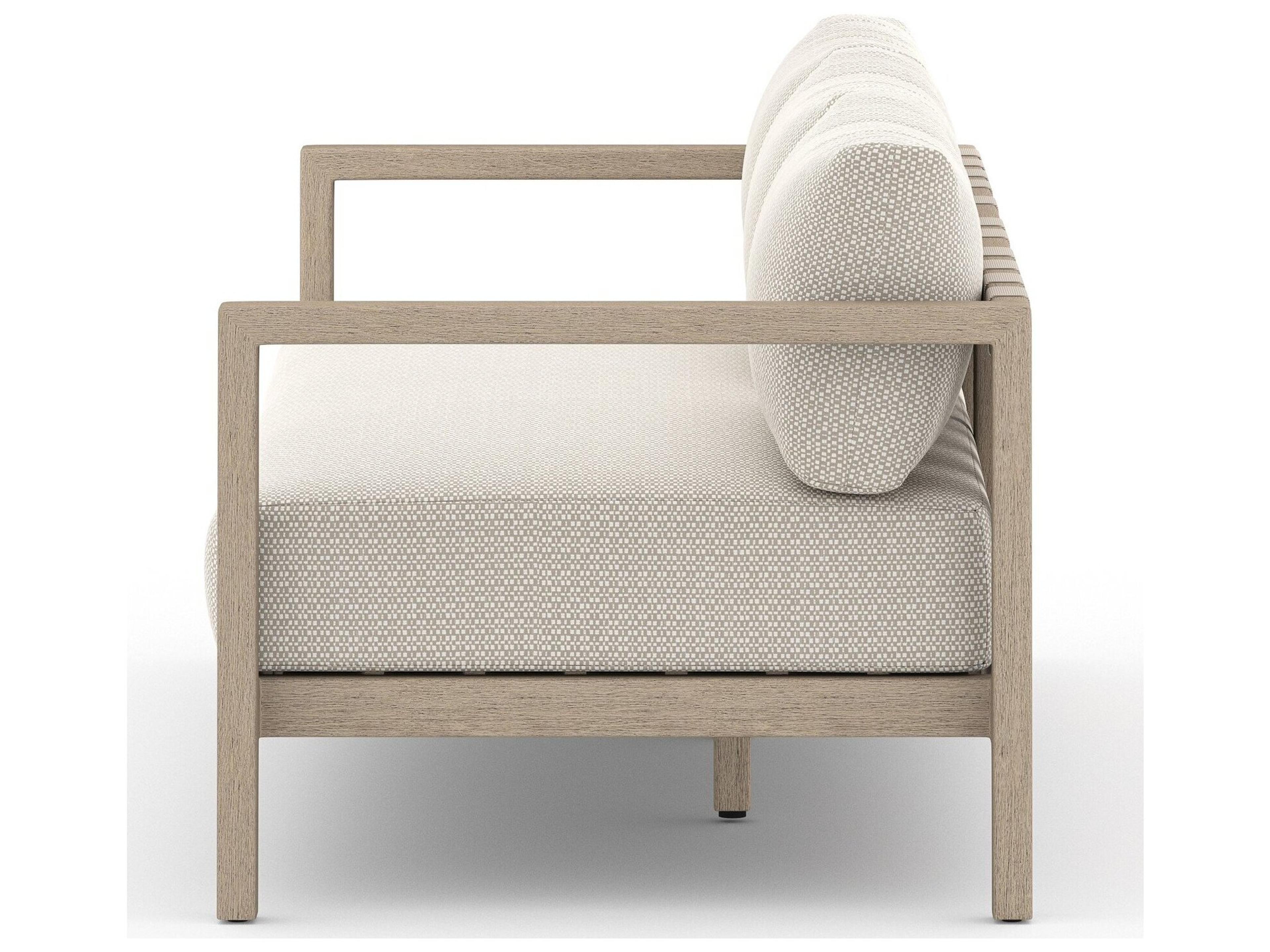 Four Hands Outdoor Solano Sonoma Washed Brown Teak Cushion 88" Sofa in Faye Sand