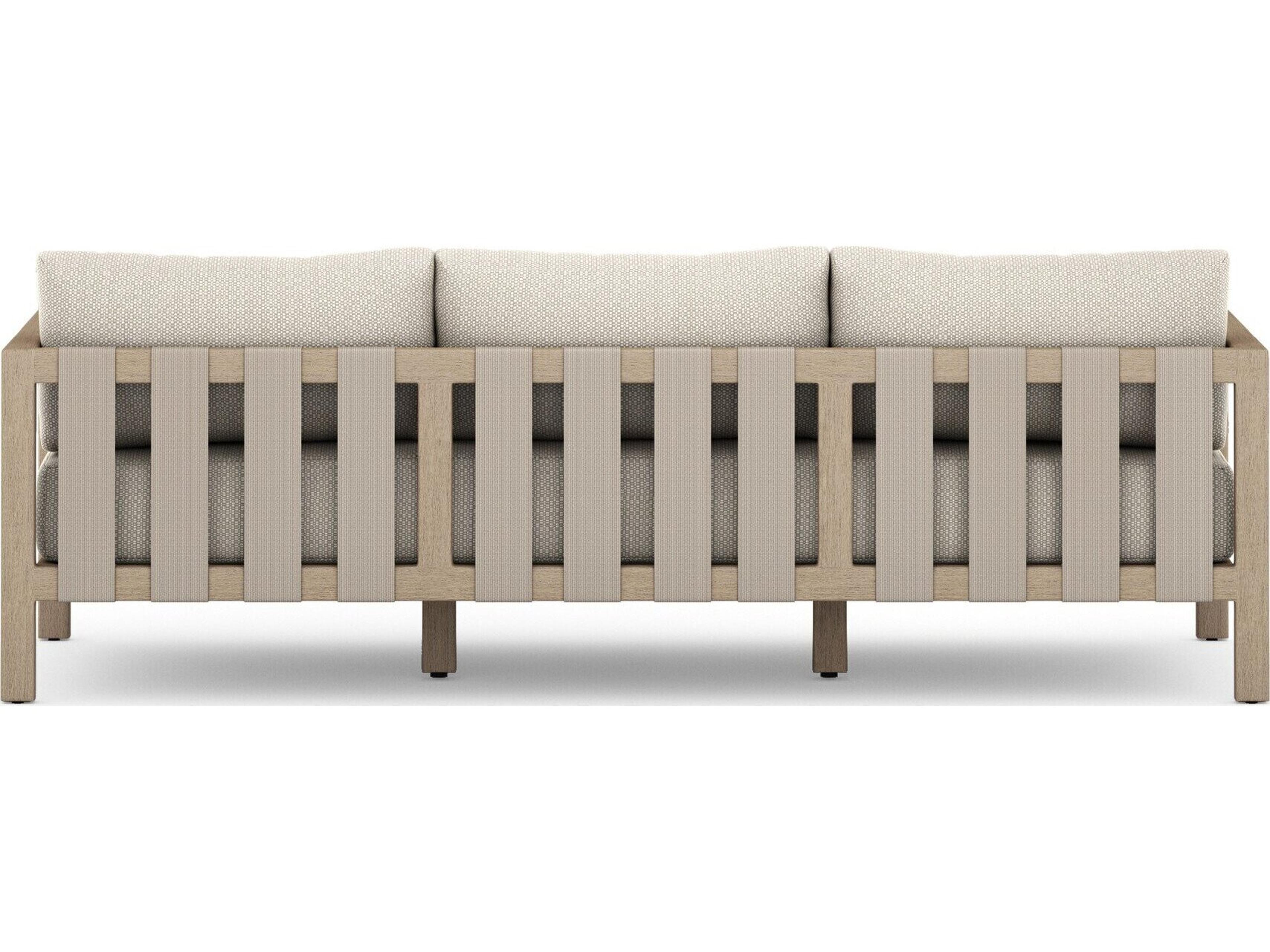 Four Hands Outdoor Solano Sonoma Washed Brown Teak Cushion 88" Sofa in Faye Sand