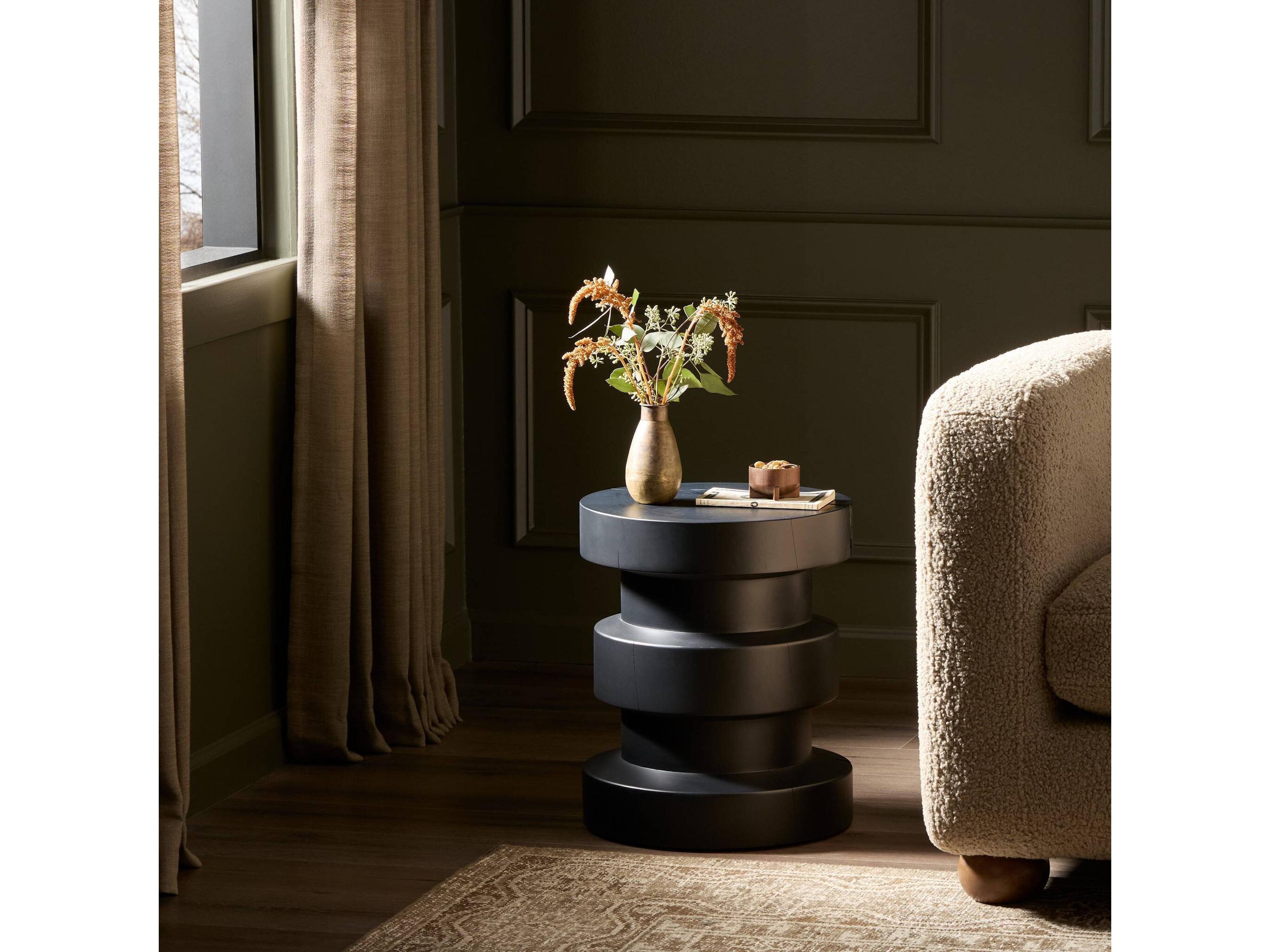 Four Hands Bishop Inez Round Wood Black Pine End Table