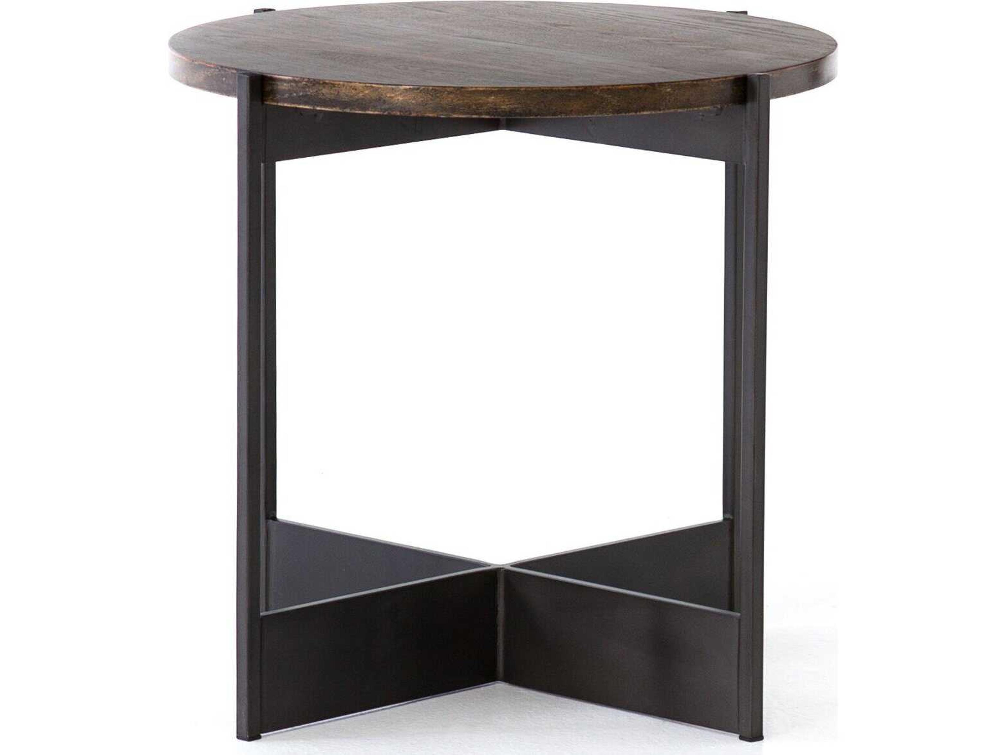 Four Hands Hughes Shannon Round Wood Smoke Grey English Brown Oak Veneer End Table