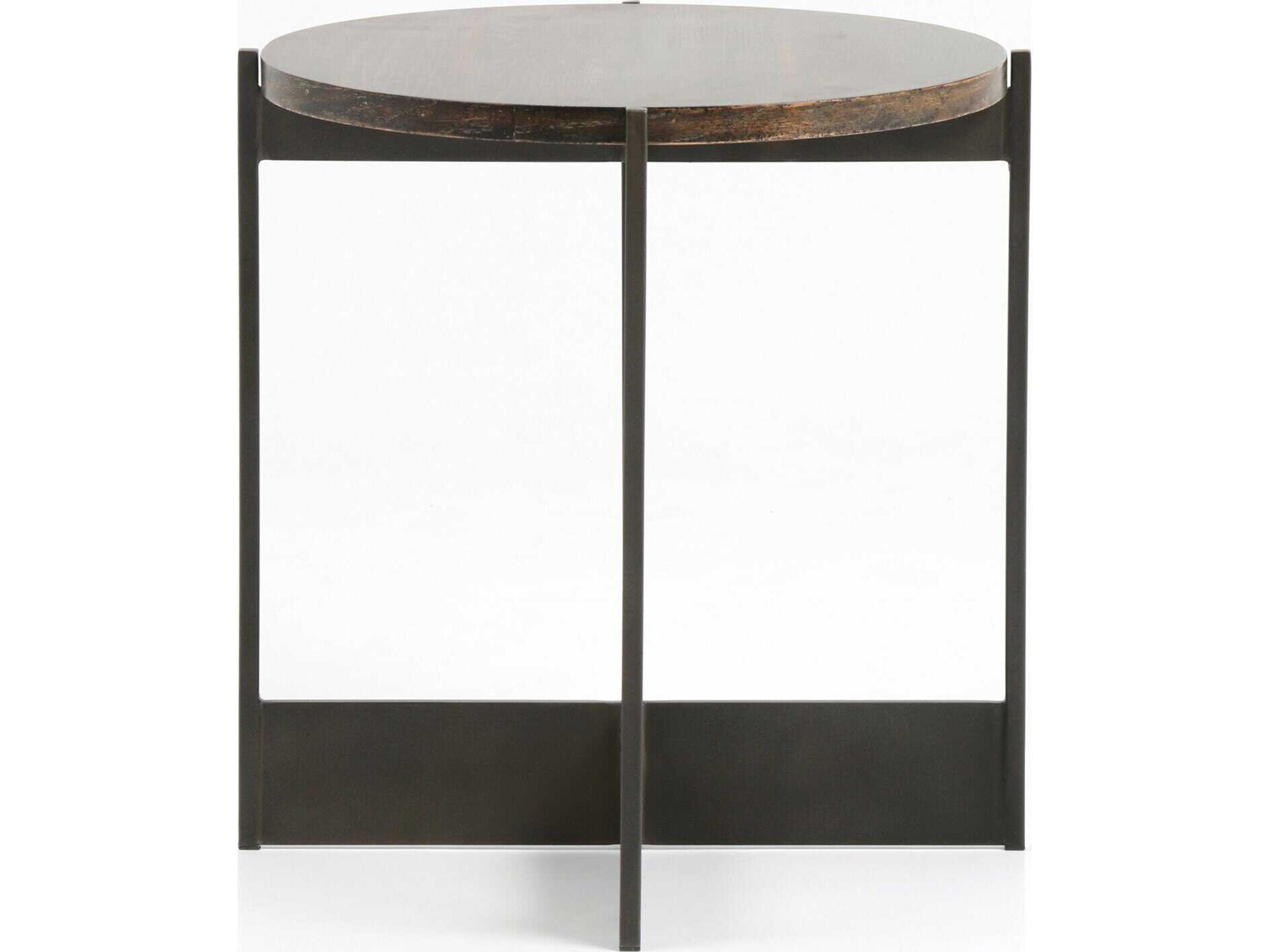 Four Hands Hughes Shannon Round Wood Smoke Grey English Brown Oak Veneer End Table