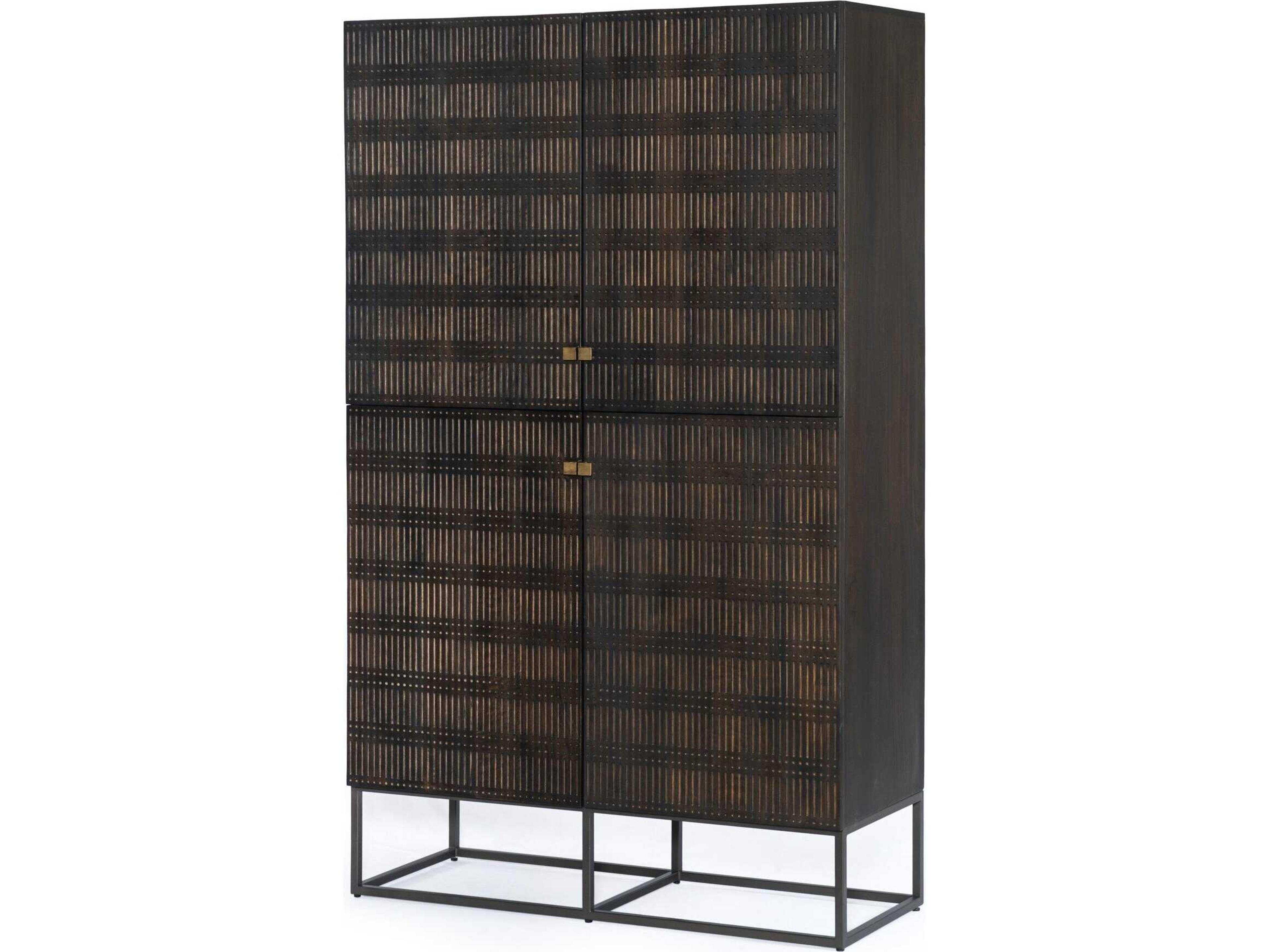 Aiden Kelby Mango Wood Gunmetal Carved Vintage Brown Display Cabinet