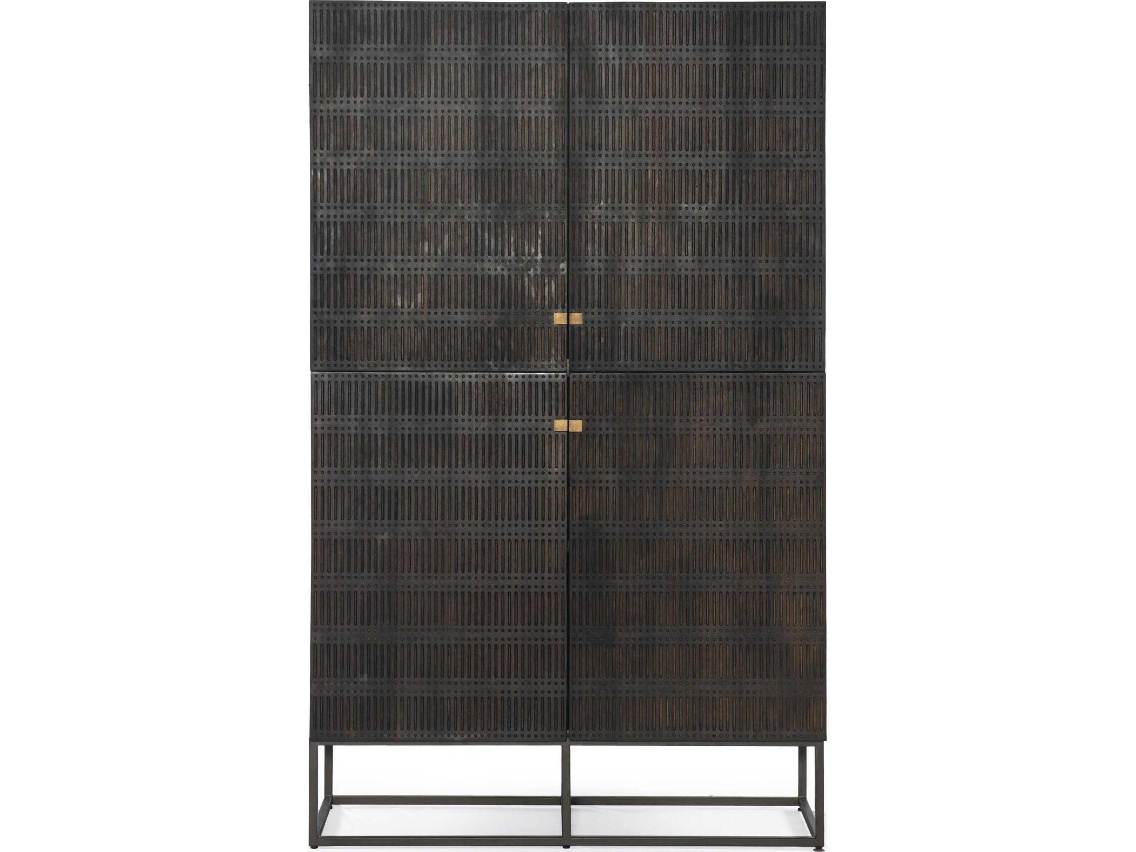 Four Hands Aiden Kelby Mango Wood Gunmetal Carved Vintage Brown Display Cabinet