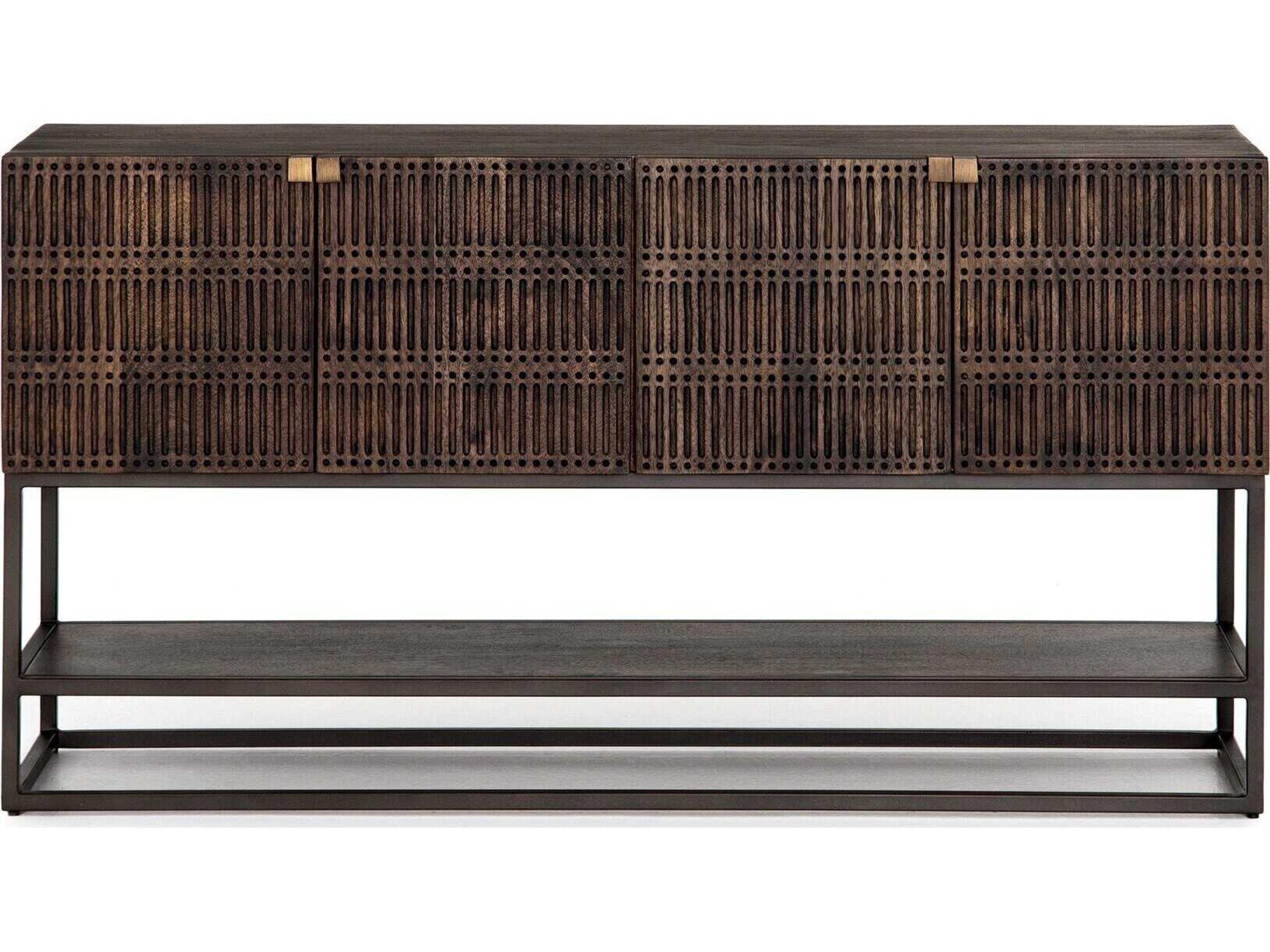 Four Hands Aiden Kelby Rectangular Wood Gunmetal Aged Brass Carved Vintage Brown Console Table