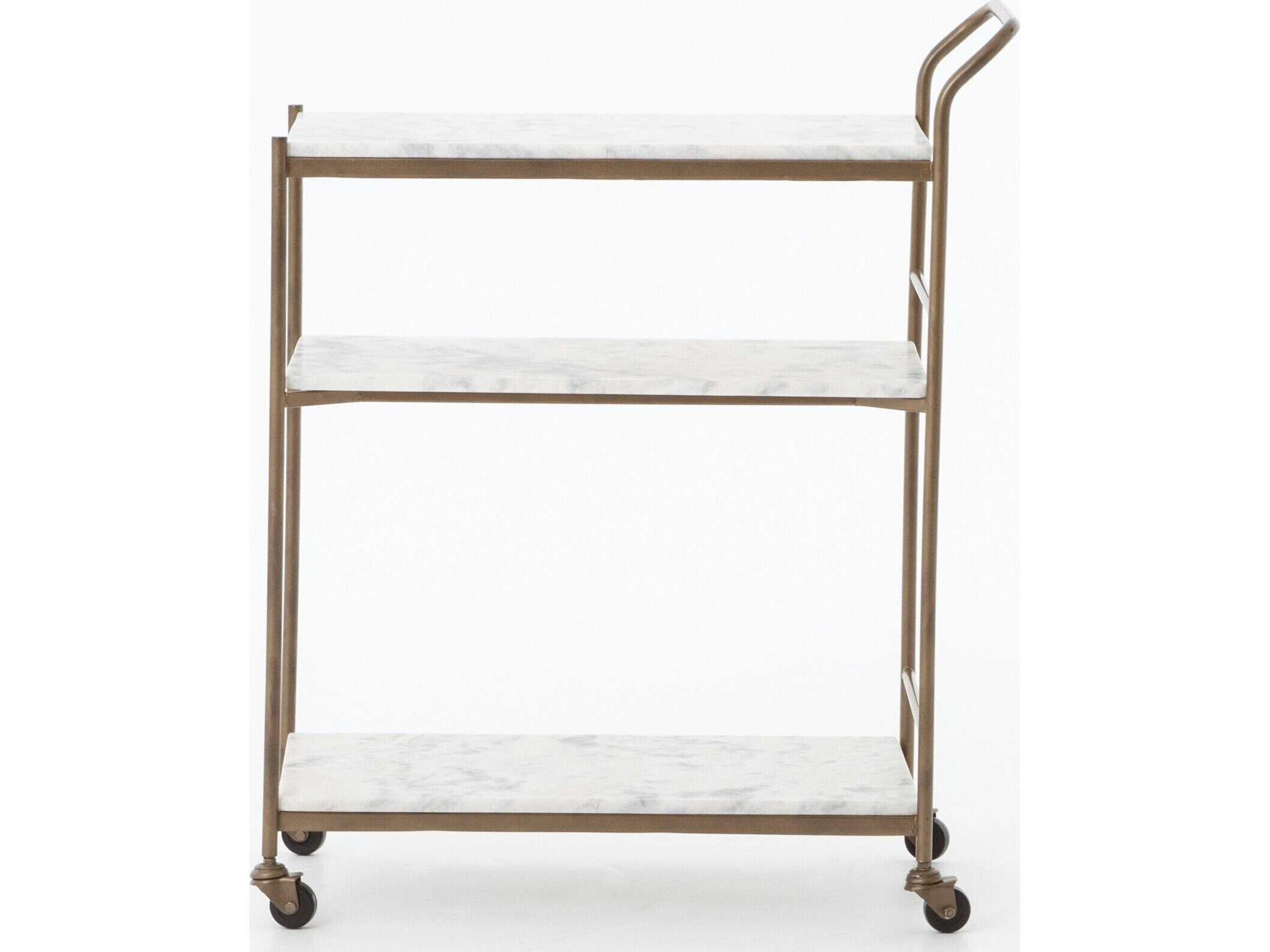 Four Hands Marlow Antique Brass White Marble Bar Cart