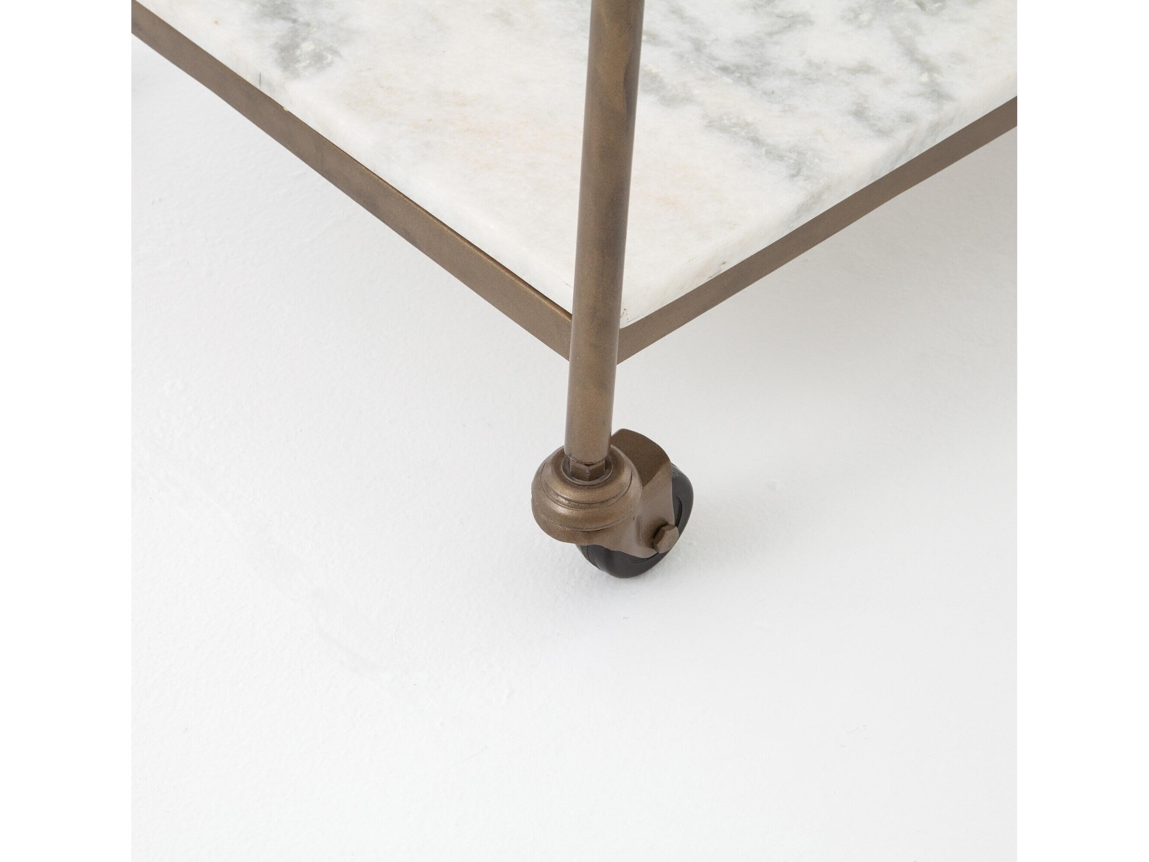 Four Hands Marlow Antique Brass White Marble Bar Cart