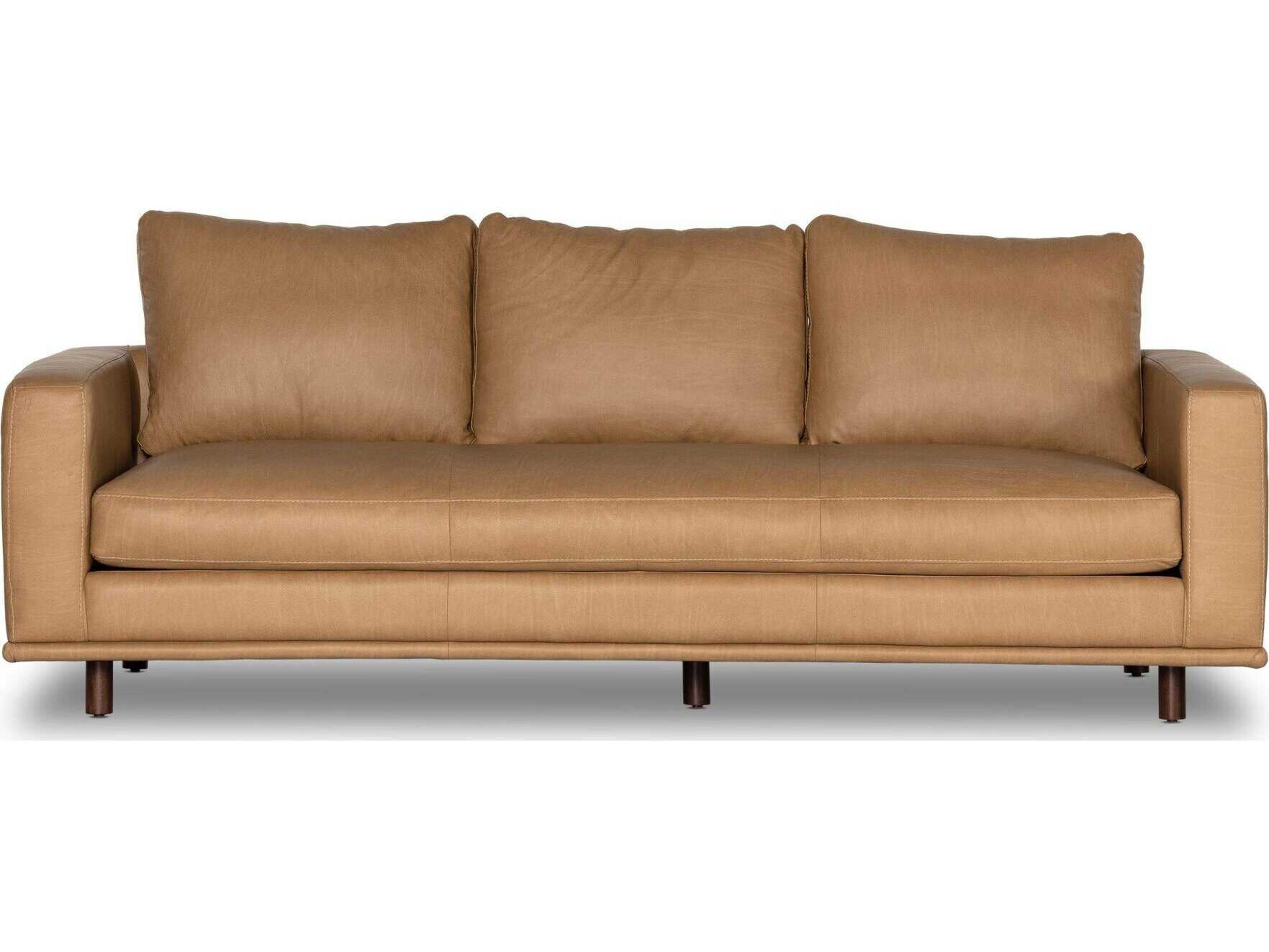 Four Hands Centrale Dom Dark Aubrun Walnut Nantucket Taupe Brown Leather Sofa